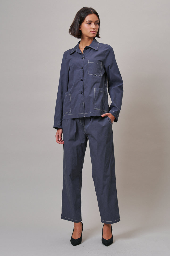 Elastic Waist Contrast Stitch Woven Pants in NAVY - Women's Pants | Urban Daizy