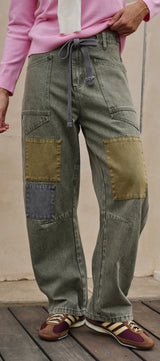 Field Note Patchwork Denim Pants in VINTAGE GREEN - Women's Pants | Urban Daizy