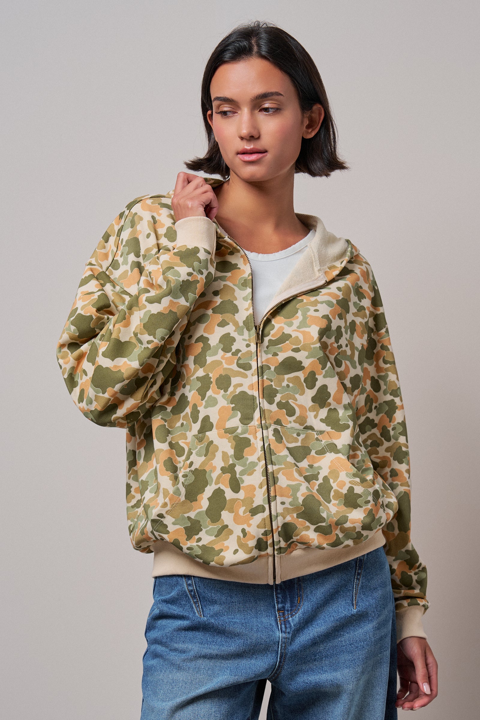 Camo Print Zip-Up Hoodie in CAMO - Women's Shorts | Urban Daizy