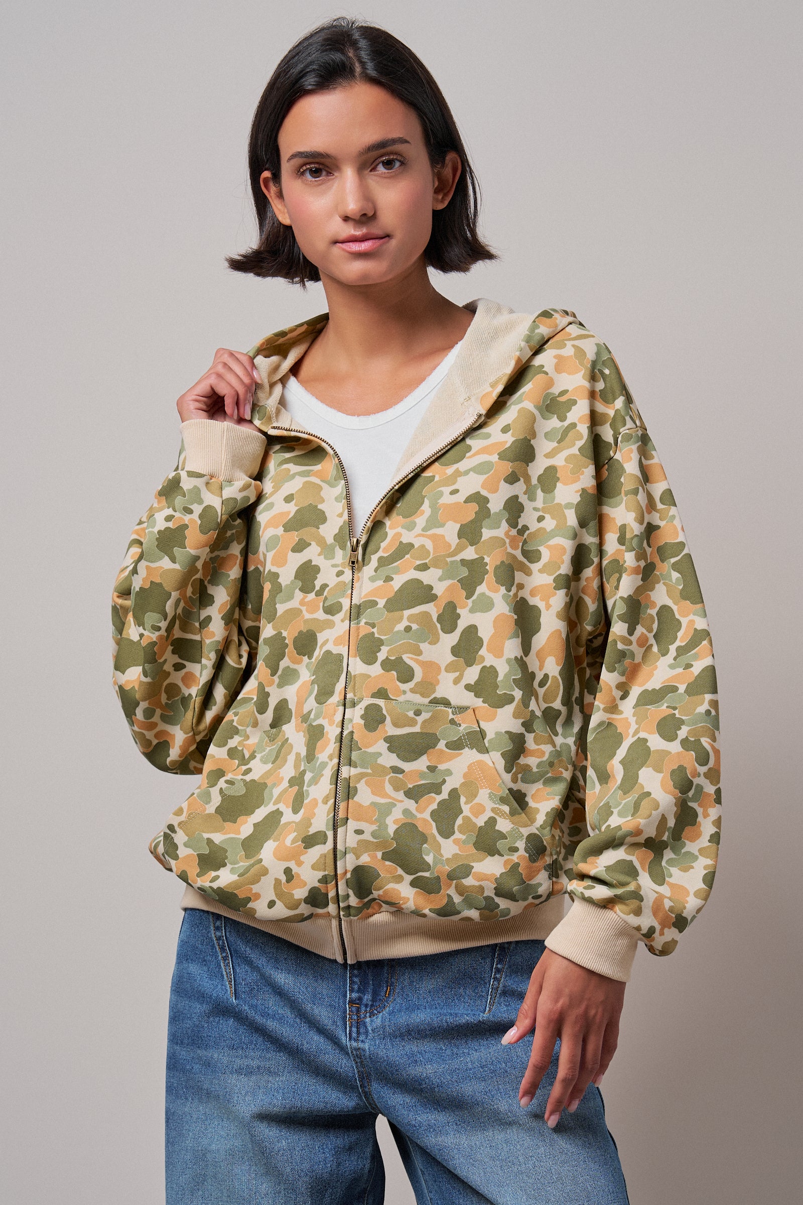 Camo Print Zip-Up Hoodie in CAMO - Women's Shorts | Urban Daizy