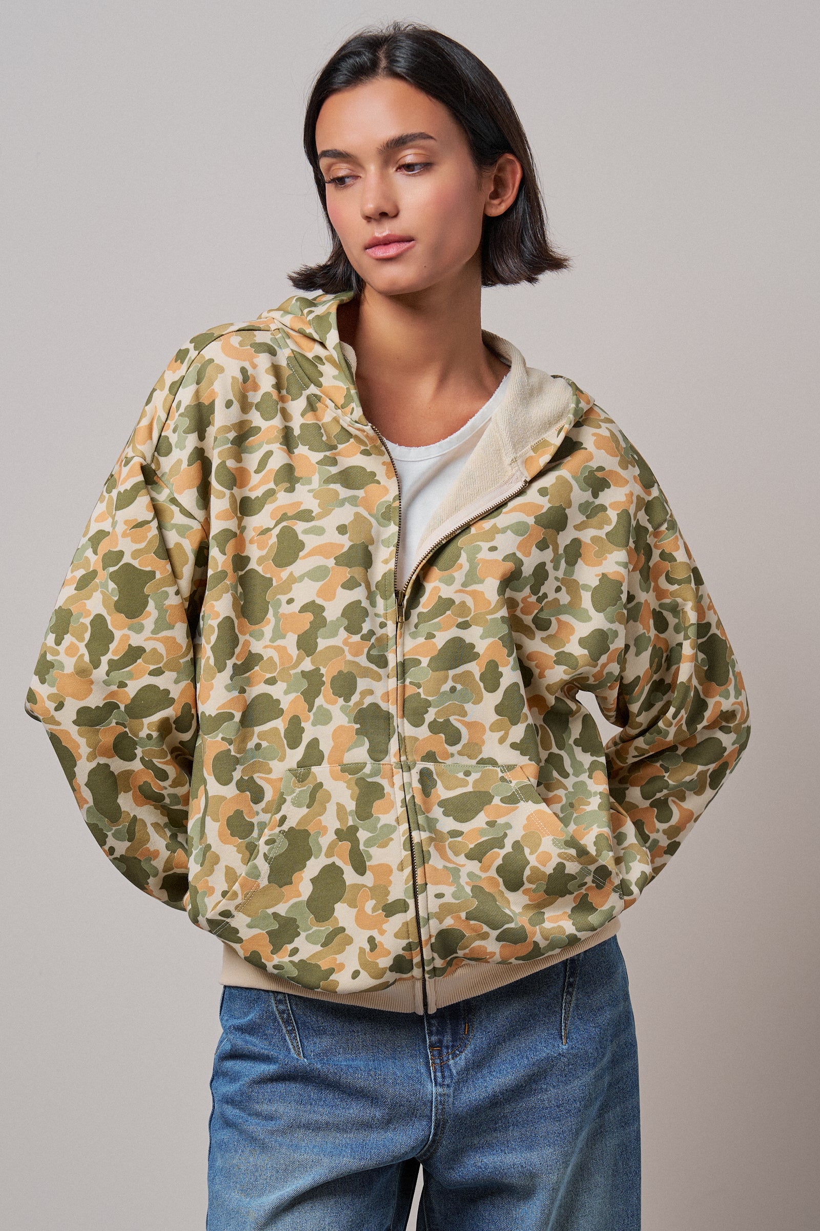 Camo Print Zip-Up Hoodie in CAMO - Women's Shorts | Urban Daizy