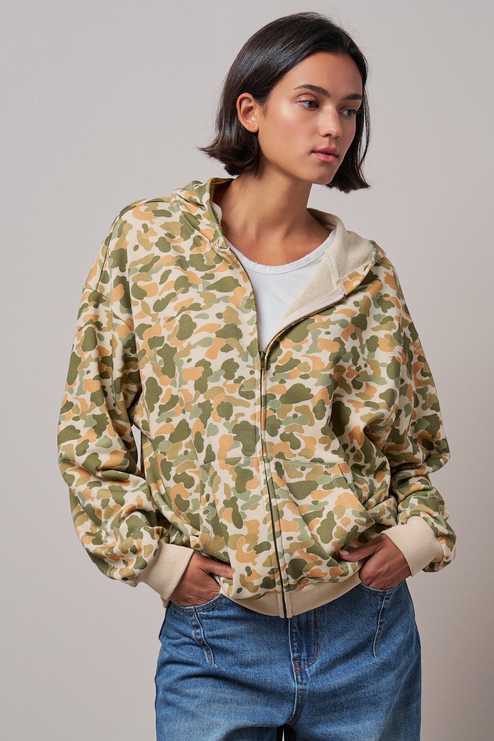 Camo Print Zip-Up Hoodie in CAMO - Women's Shorts | Urban Daizy