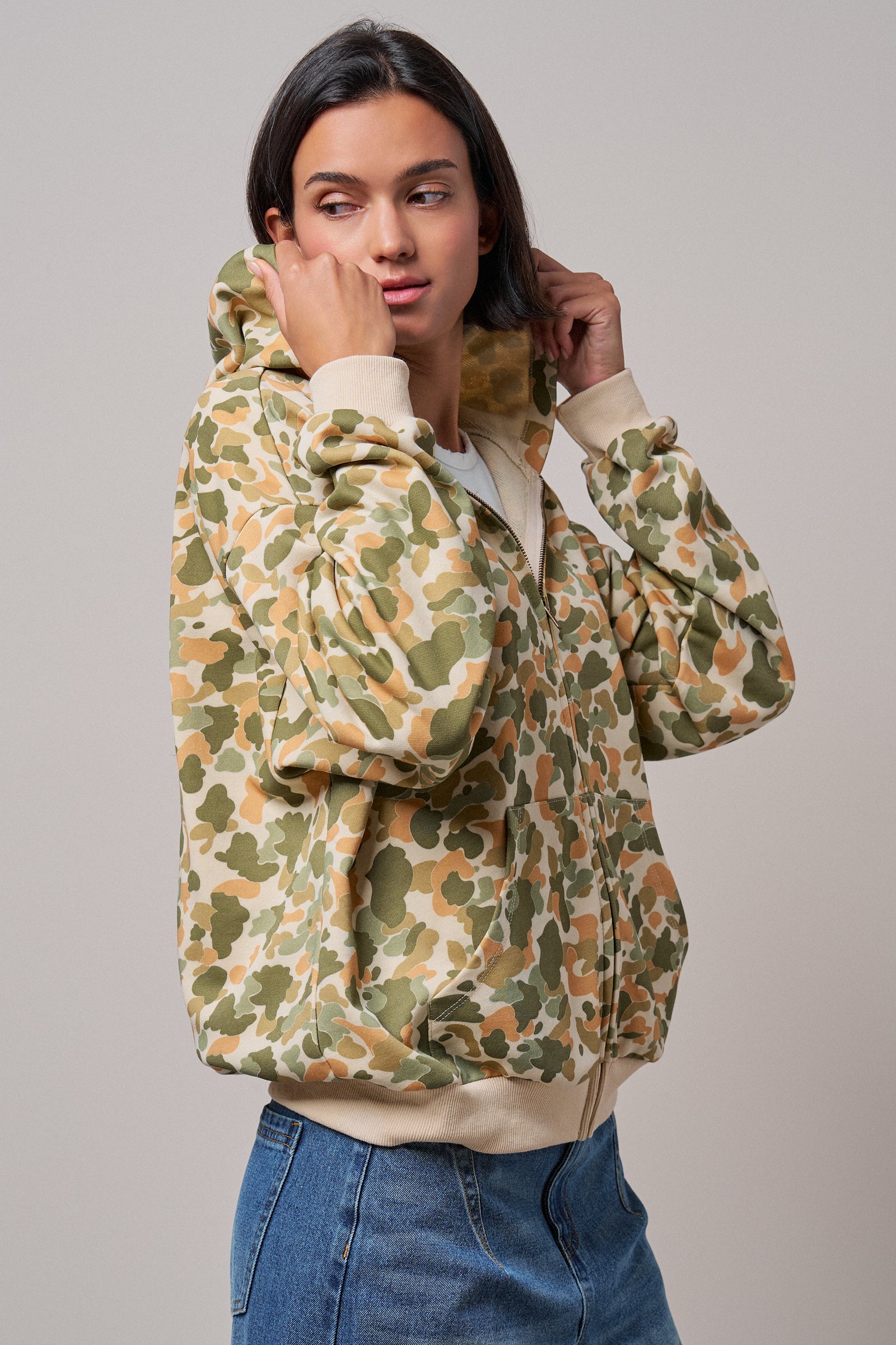 Camo Print Zip-Up Hoodie in CAMO - Women's Shorts | Urban Daizy