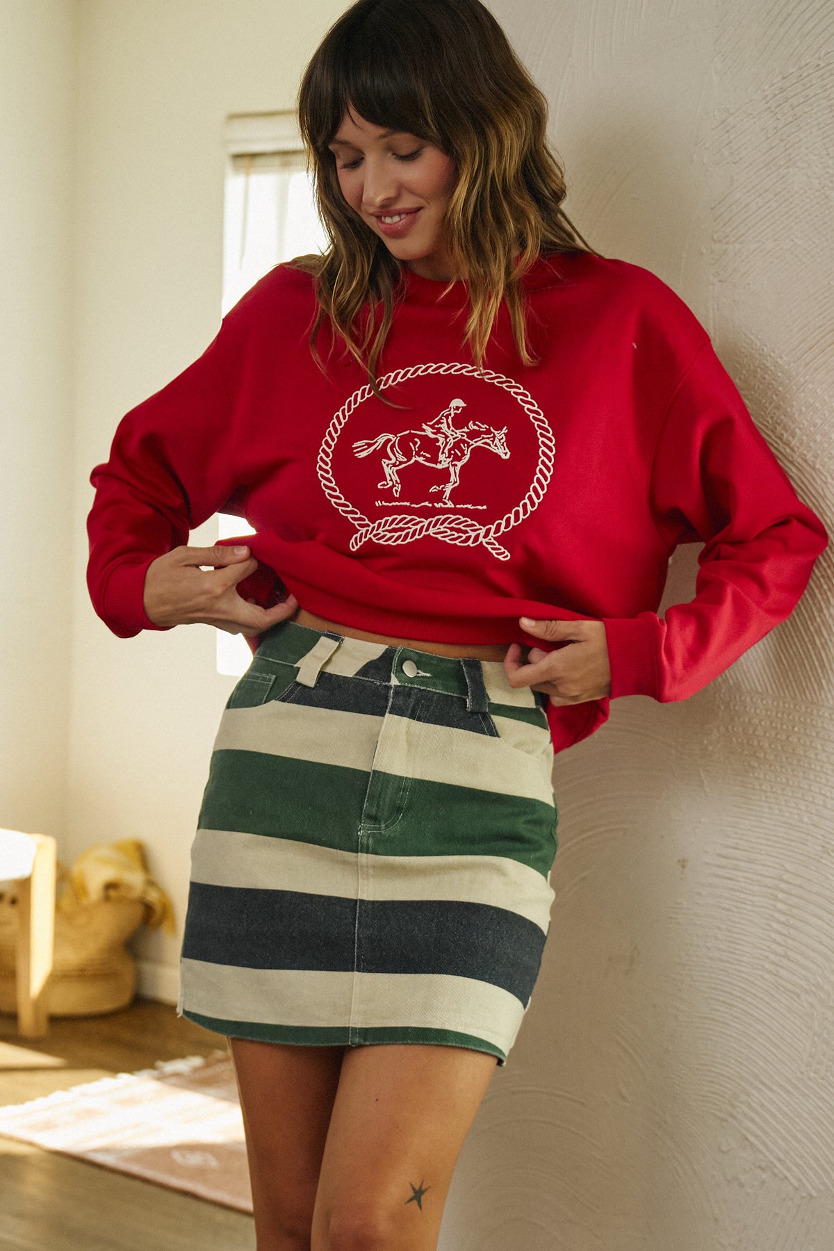 Rugby Stripe Denim Mini Skirt in GREEN - Women's Skirts | Urban Daizy