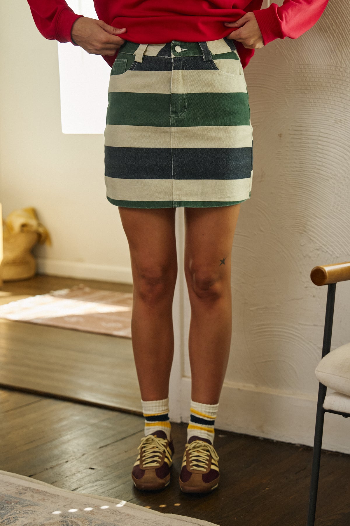 Rugby Stripe Denim Mini Skirt in GREEN - Women's Skirts | Urban Daizy