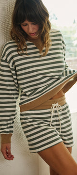 Cabana Stripe Terry Short Set in IVORY OLIVE - Women's Sets | Urban Daizy