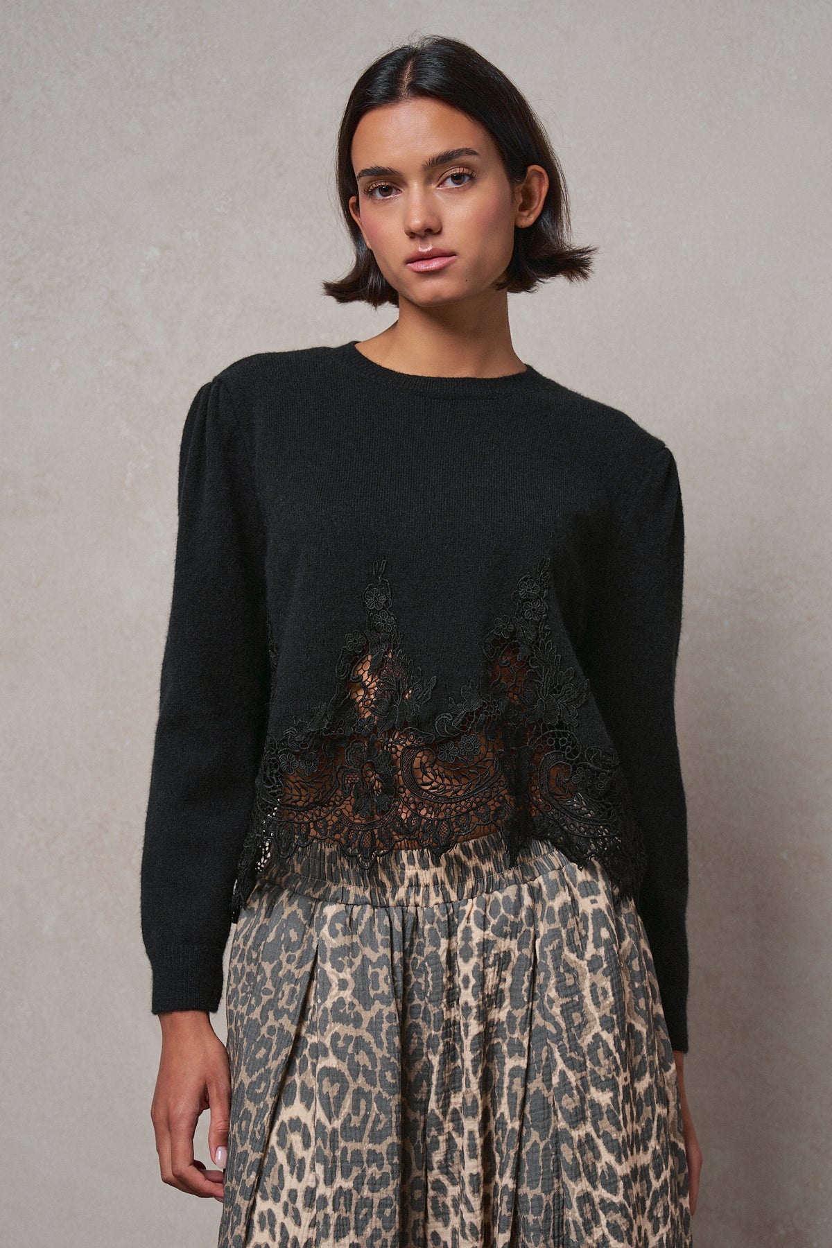 Lace Hem Floral Guipure Trim Knit Sweater in BLACK - Women's Sweaters | Urban Daizy