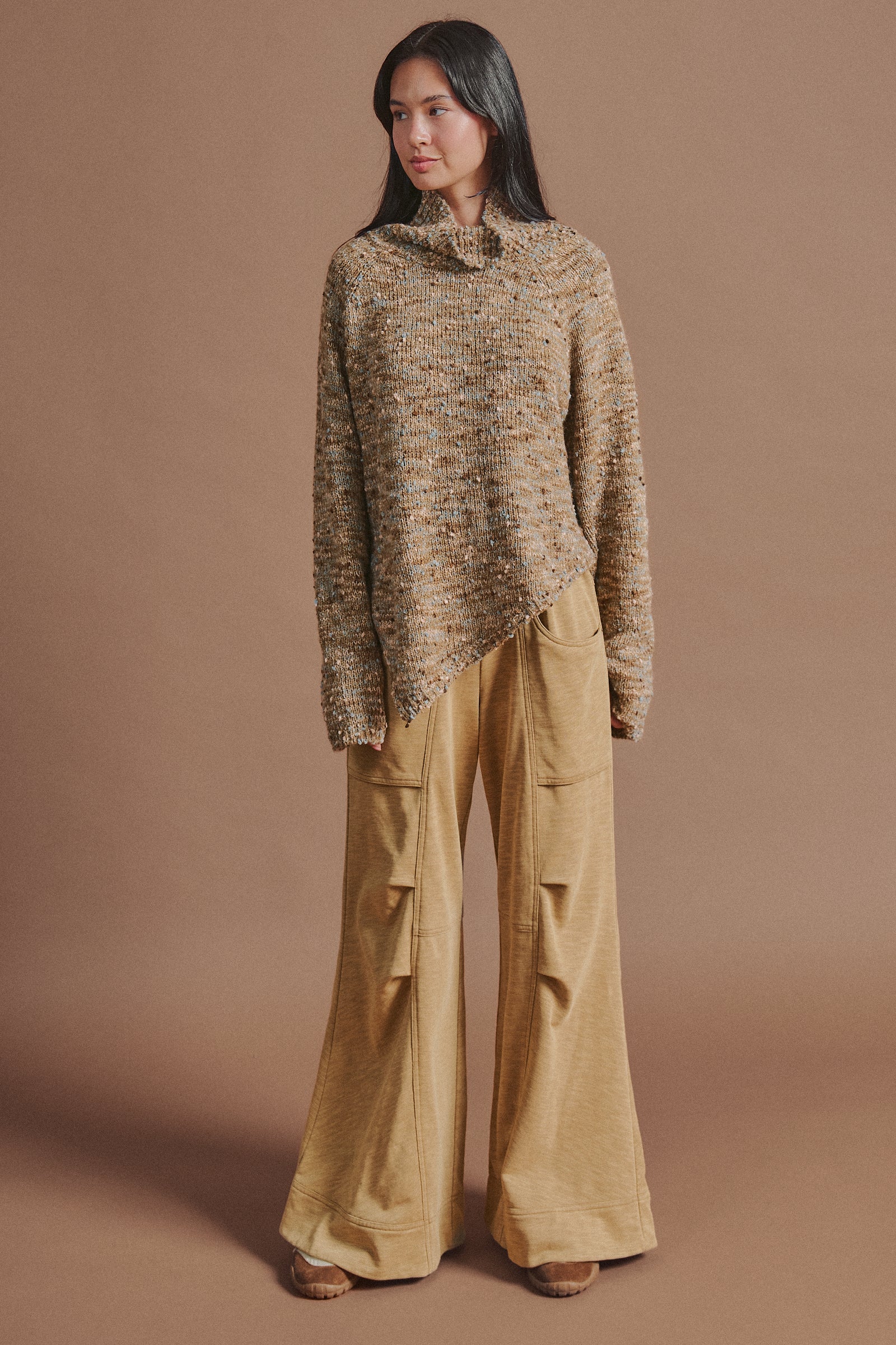 Chunky Speckled Turtleneck Poncho Sweater in BROWN - Women's Sweaters | Urban Daizy