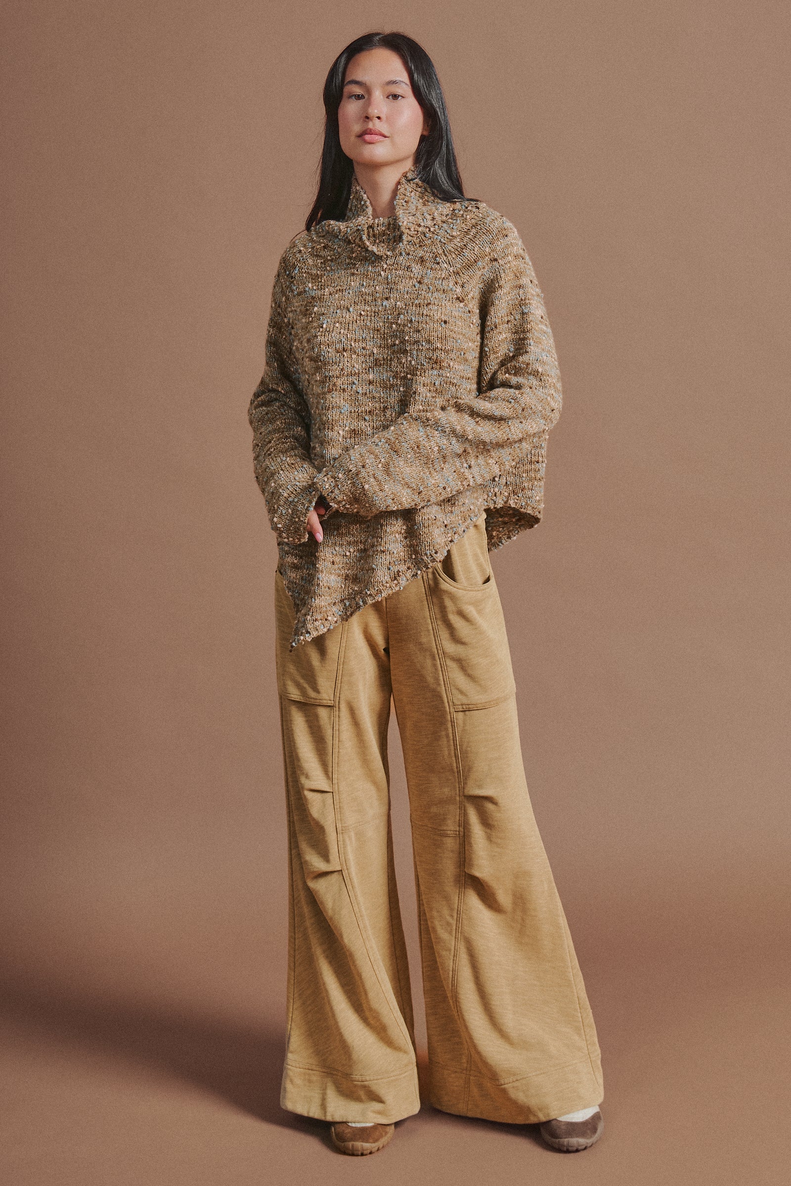 Chunky Speckled Turtleneck Poncho Sweater in BROWN - Women's Sweaters | Urban Daizy