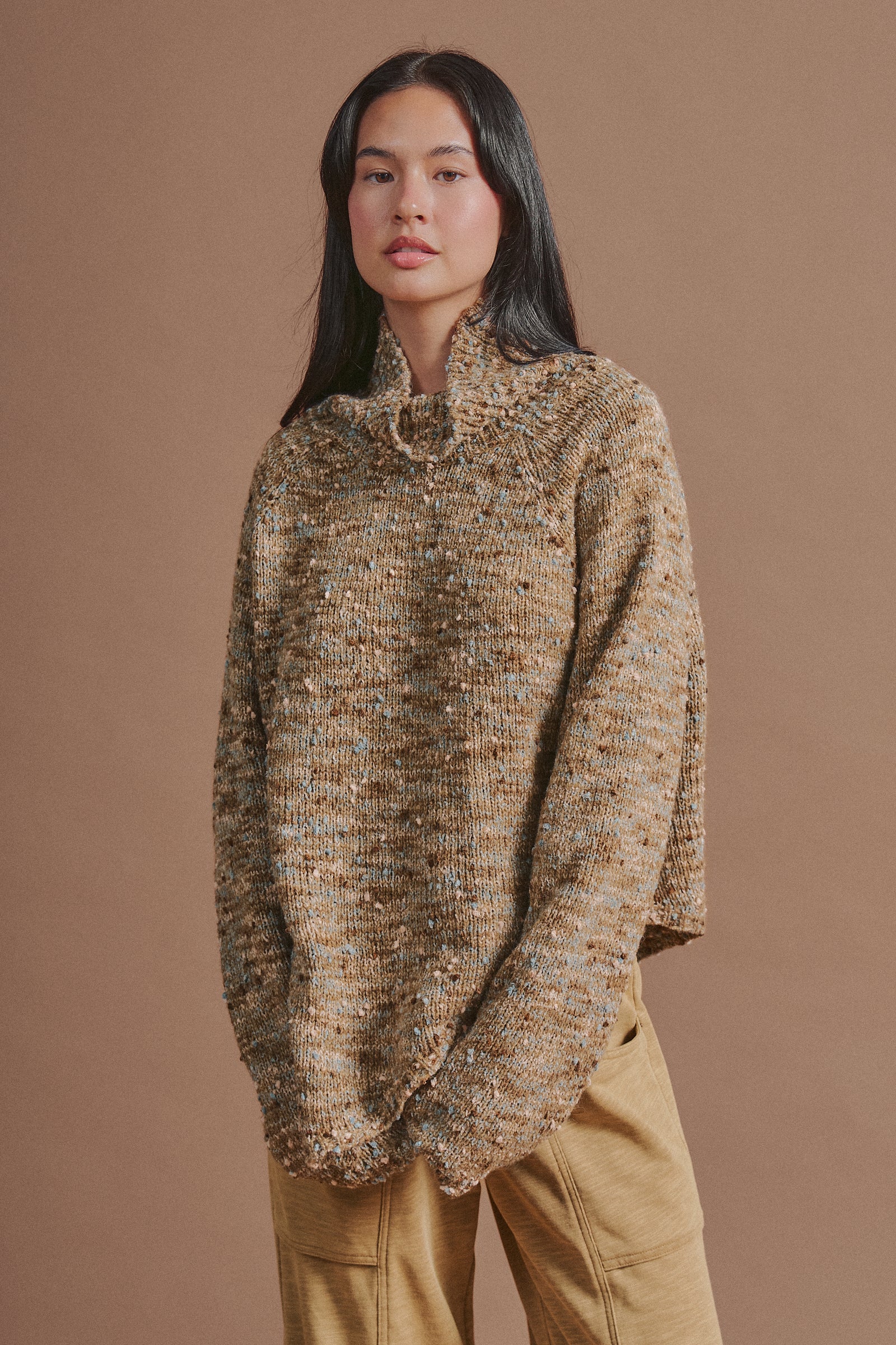 Chunky Speckled Turtleneck Poncho Sweater in BROWN - Women's Sweaters | Urban Daizy