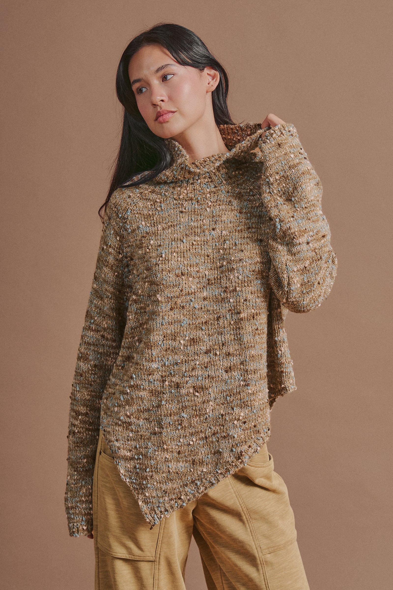 Chunky Speckled Turtleneck Poncho Sweater in BROWN - Women's Sweaters | Urban Daizy