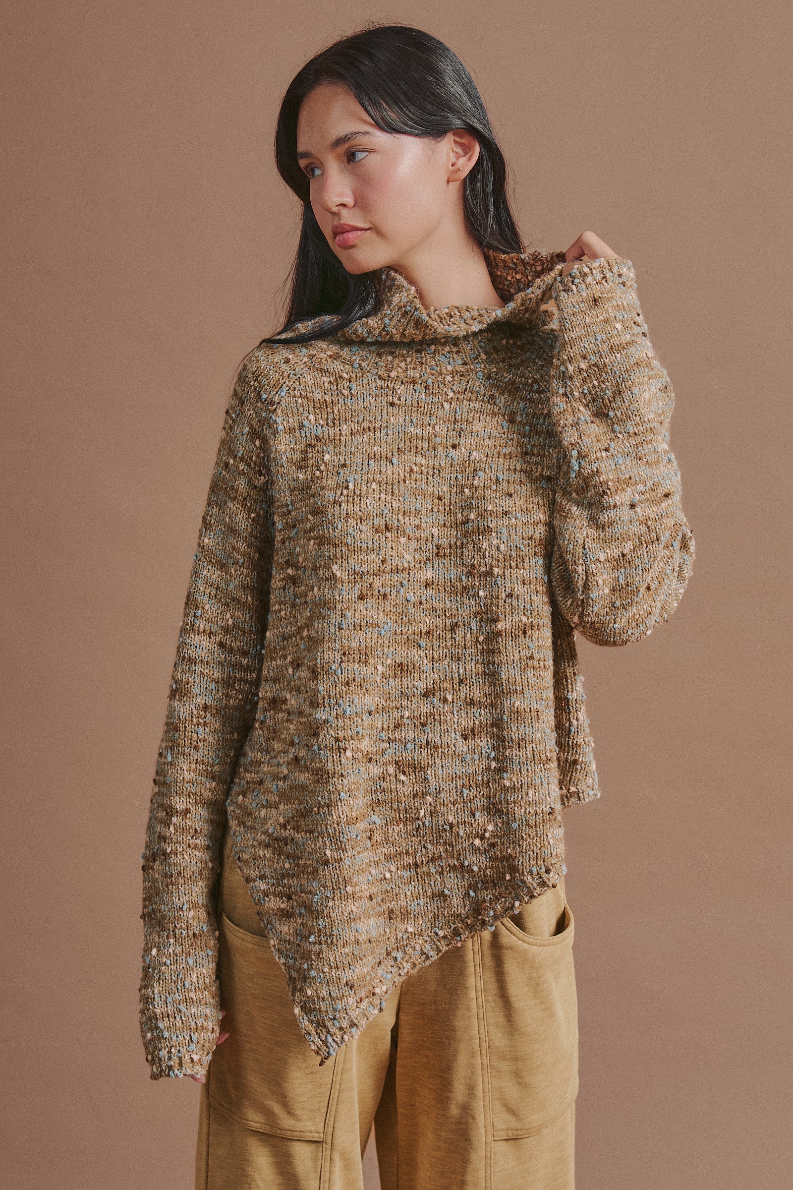 Chunky Speckled Turtleneck Poncho Sweater in BROWN - Women's Sweaters | Urban Daizy