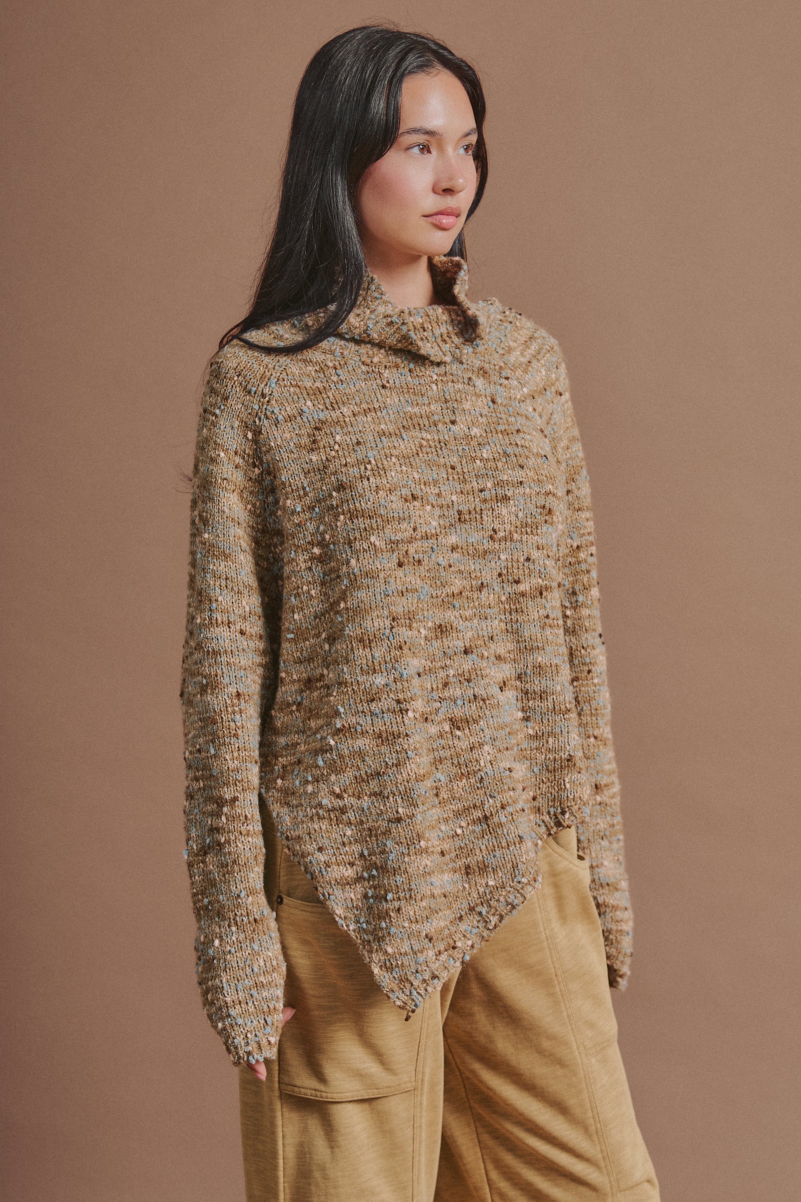 Chunky Speckled Turtleneck Poncho Sweater in BROWN - Women's Sweaters | Urban Daizy