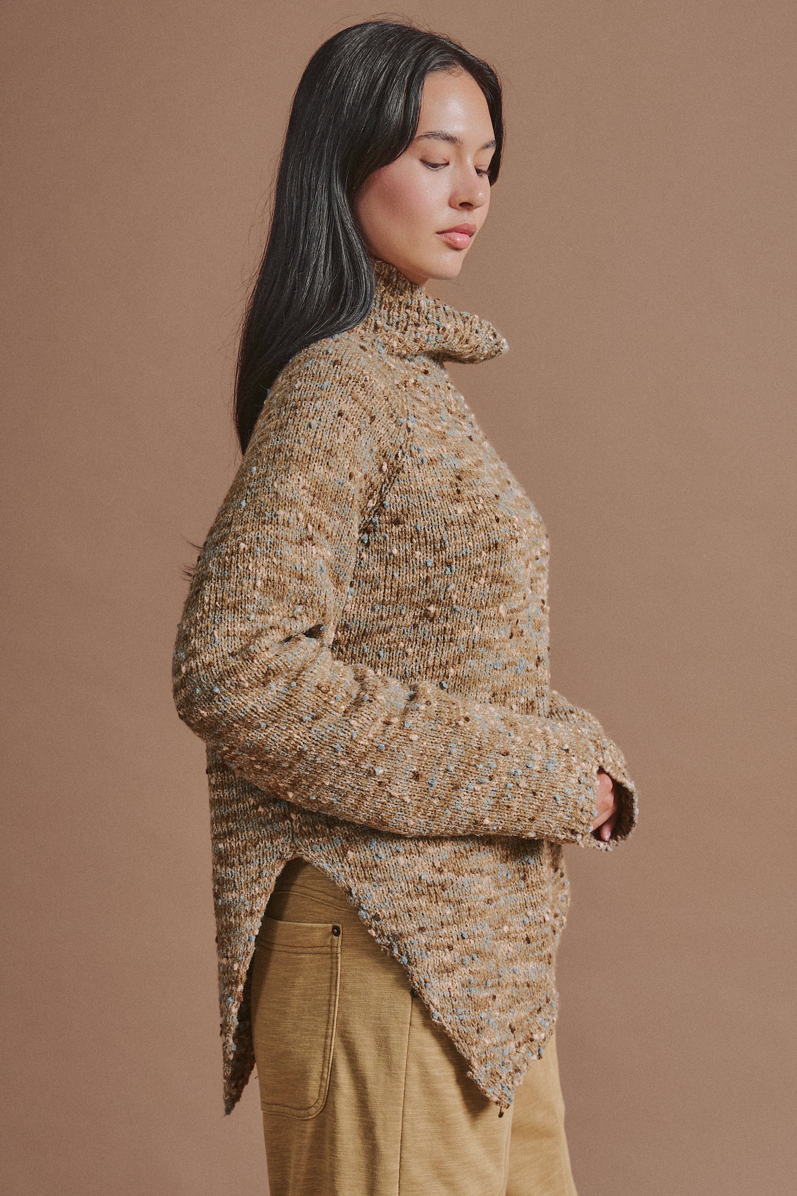 Chunky Speckled Turtleneck Poncho Sweater in BROWN - Women's Sweaters | Urban Daizy