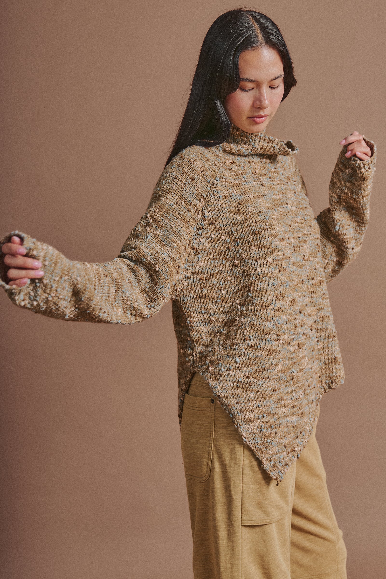 Chunky Speckled Turtleneck Poncho Sweater in BROWN - Women's Sweaters | Urban Daizy