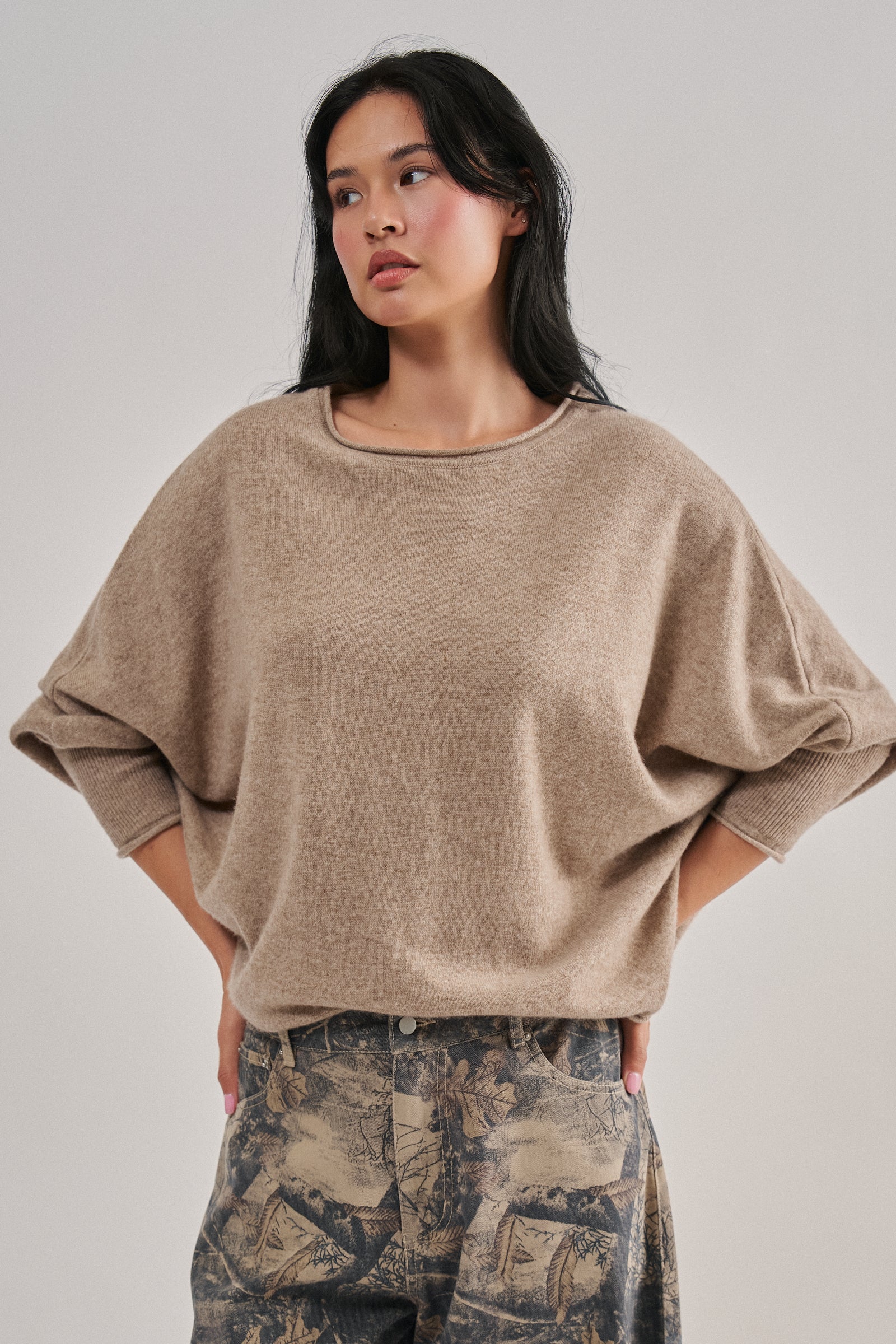 Dolman Sleeve Boat Neck Knit Top in MOCHA - Women's Sweaters | Urban Daizy