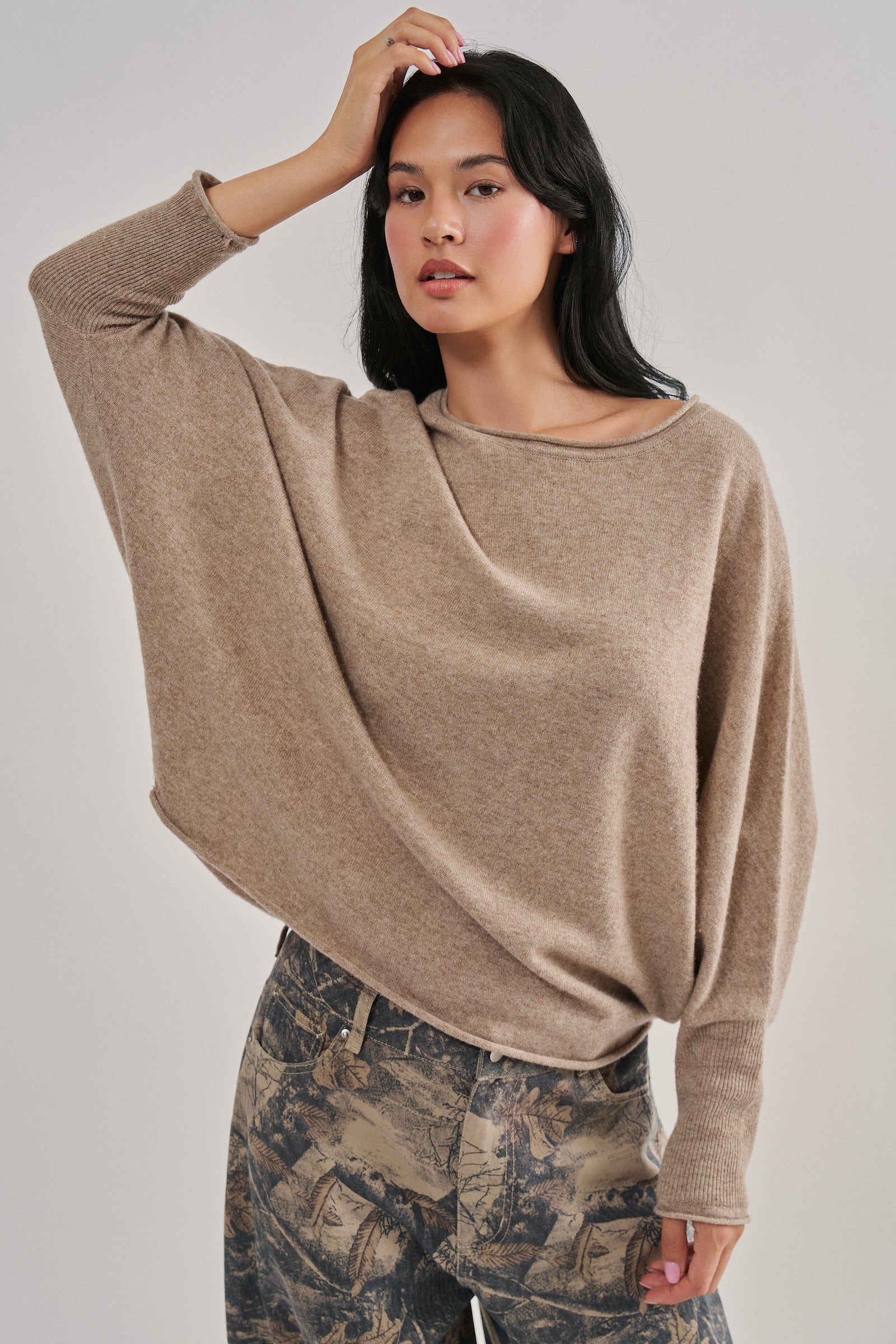 Dolman Sleeve Boat Neck Knit Top in MOCHA - Women's Sweaters | Urban Daizy