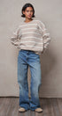 Fuzzy Stripe Crewneck Pullover Sweater in IVORY BEIGE - Women's Sweaters | Urban Daizy