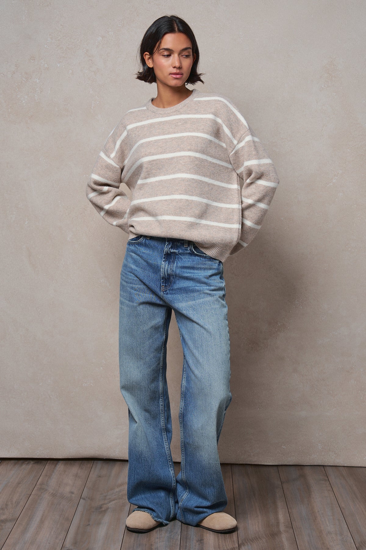 Fuzzy Stripe Crewneck Pullover Sweater in IVORY BEIGE - Women's Sweaters | Urban Daizy