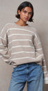 Fuzzy Stripe Crewneck Pullover Sweater in IVORY BEIGE - Women's Sweaters | Urban Daizy