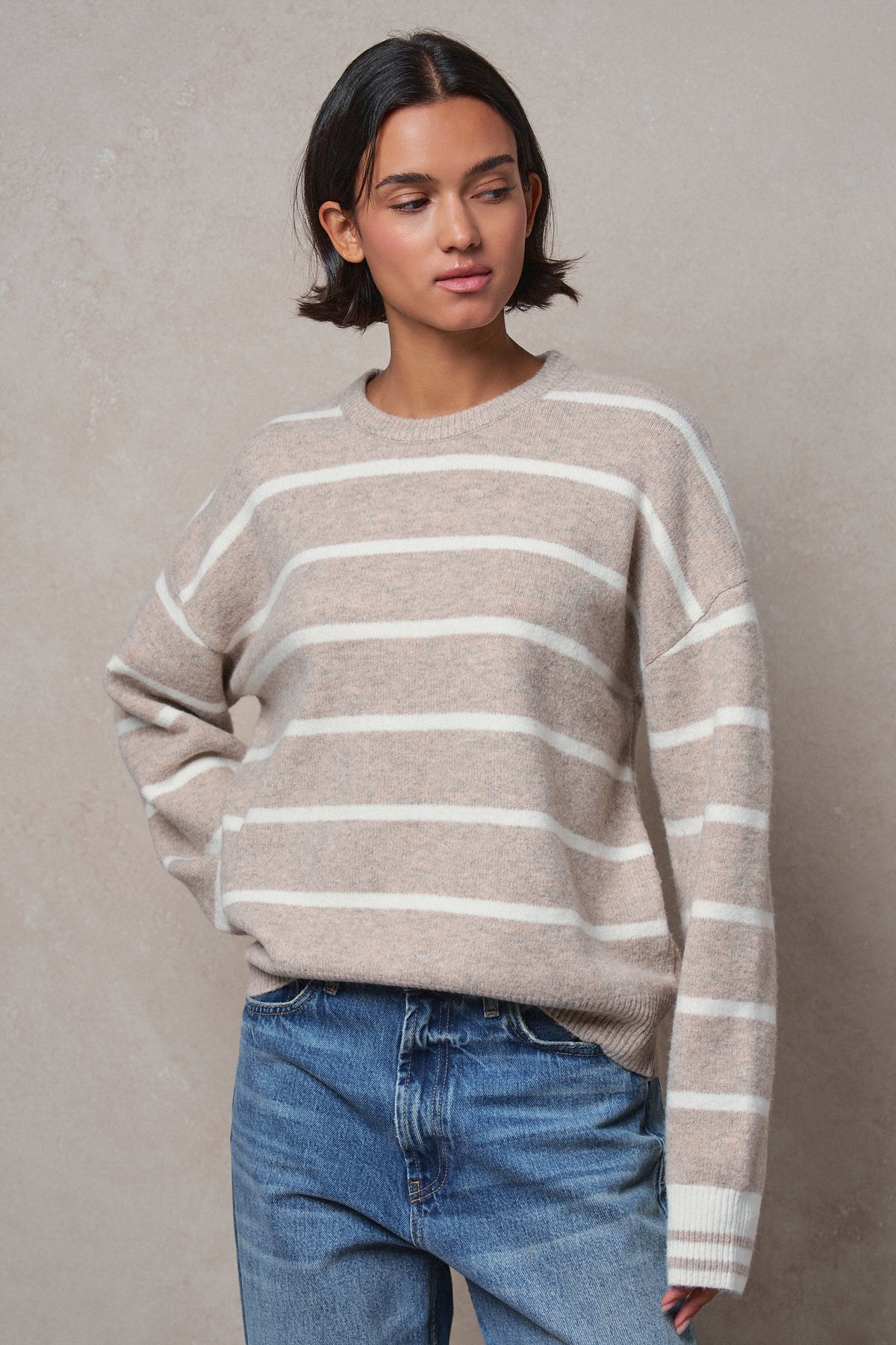Fuzzy Stripe Crewneck Pullover Sweater in IVORY BEIGE - Women's Sweaters | Urban Daizy