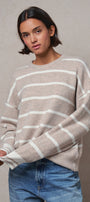 Fuzzy Stripe Crewneck Pullover Sweater in IVORY BEIGE - Women's Sweaters | Urban Daizy