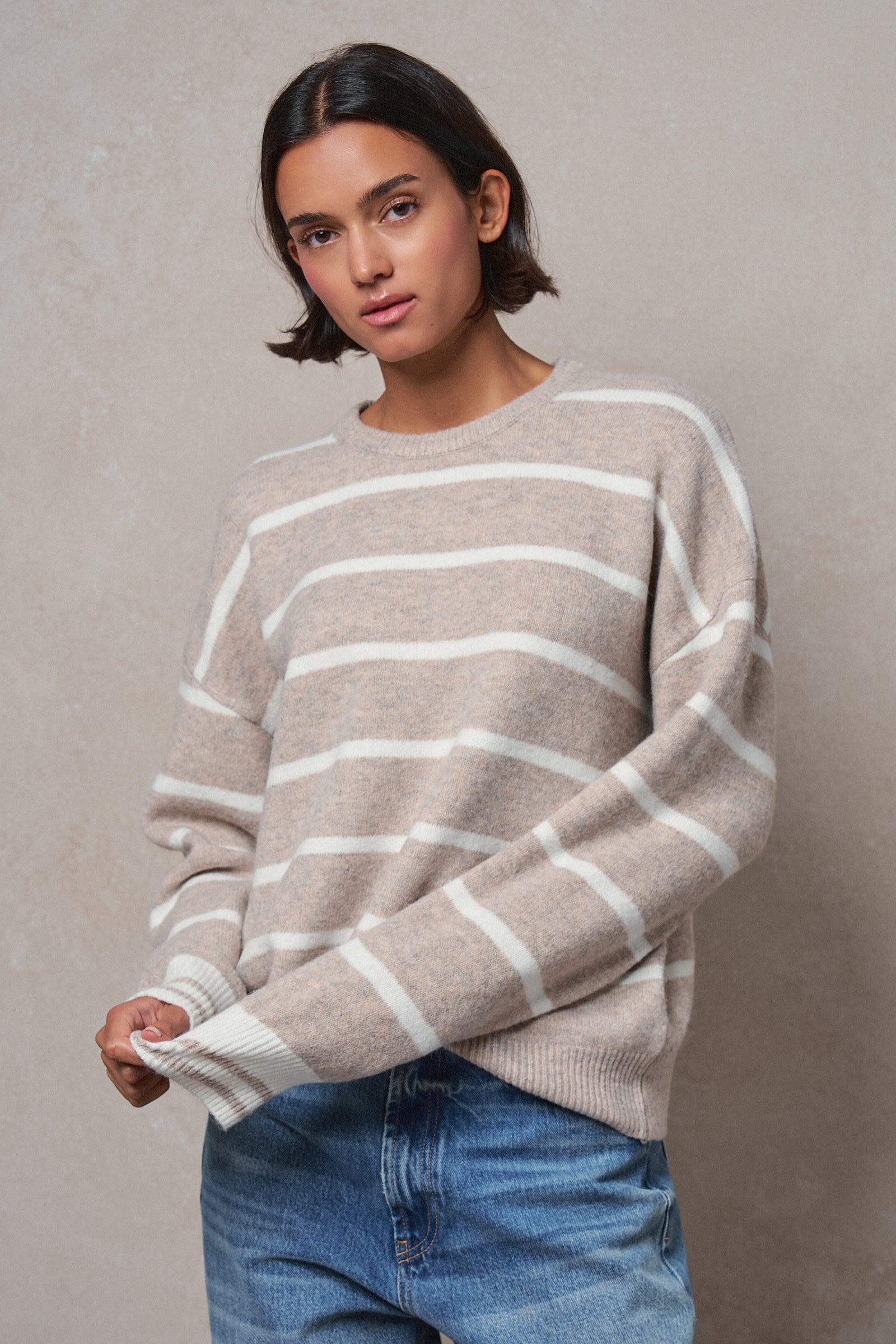 Fuzzy Stripe Crewneck Pullover Sweater in IVORY BEIGE - Women's Sweaters | Urban Daizy