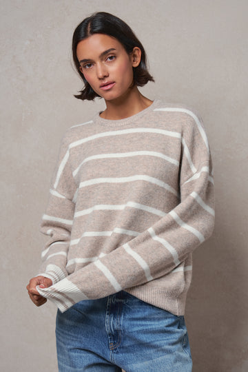Fuzzy Stripe Crewneck Pullover Sweater