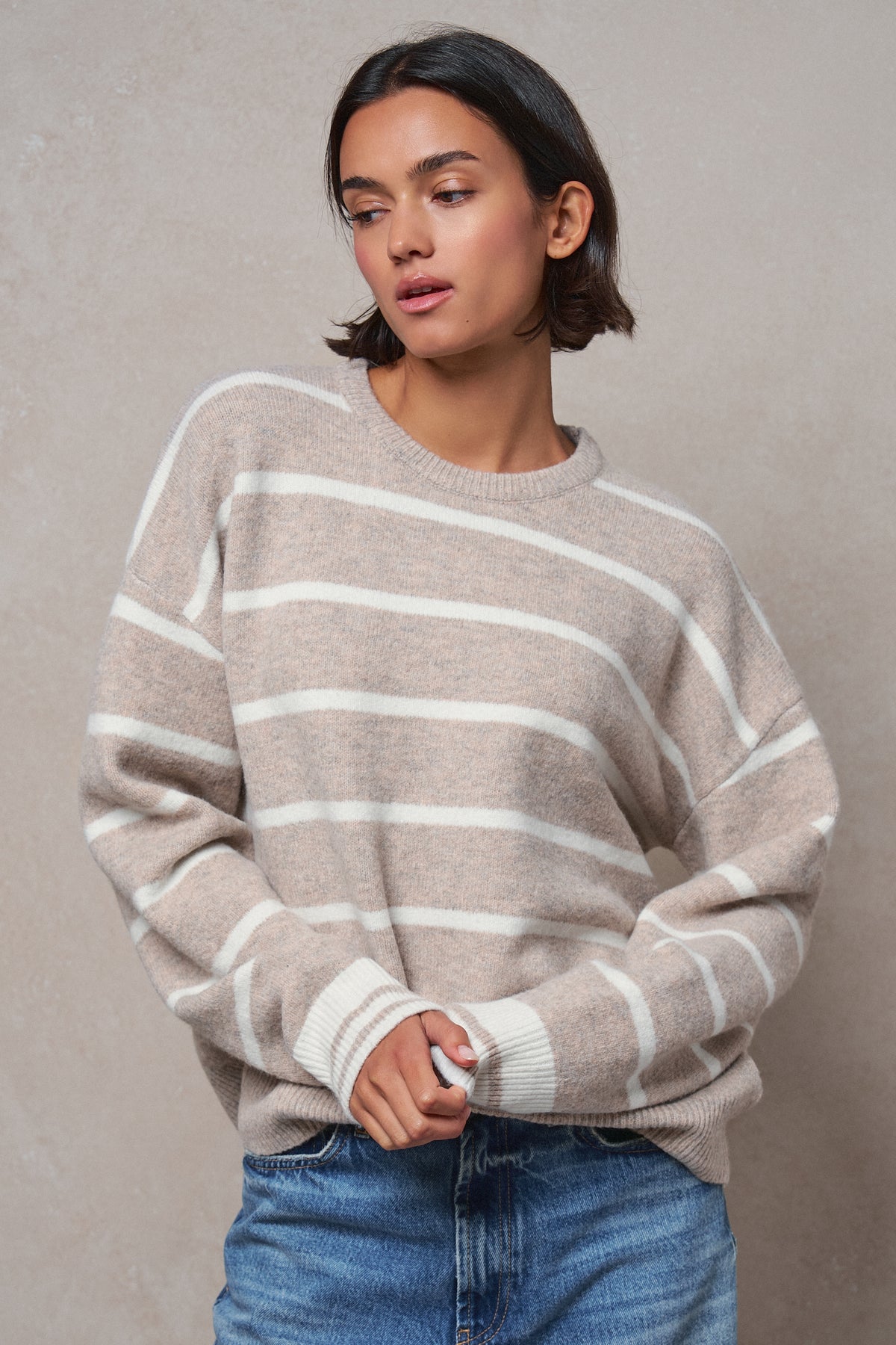 Fuzzy Stripe Crewneck Pullover Sweater - Women's Sweaters | Urban Daizy