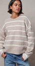 Fuzzy Stripe Crewneck Pullover Sweater in IVORY BEIGE - Women's Sweaters | Urban Daizy