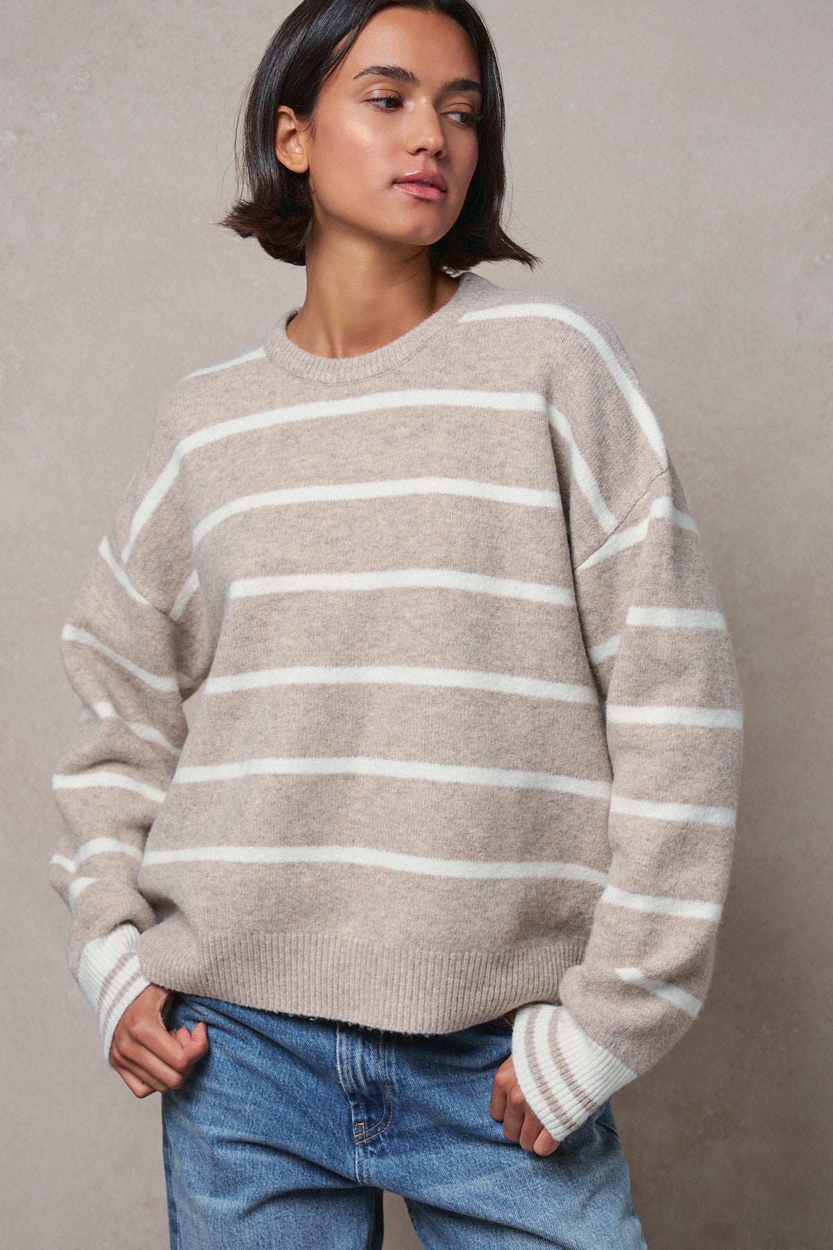 Fuzzy Stripe Crewneck Pullover Sweater in IVORY BEIGE - Women's Sweaters | Urban Daizy