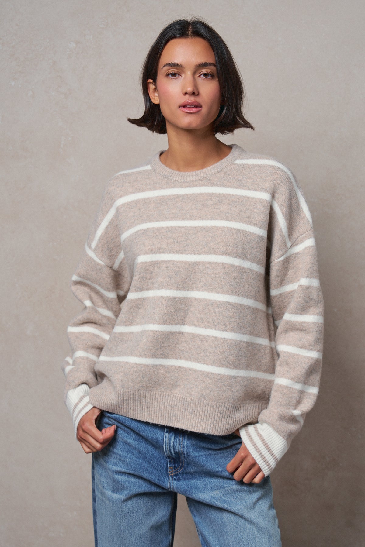 Fuzzy Stripe Crewneck Pullover Sweater in IVORY BEIGE - Women's Sweaters | Urban Daizy
