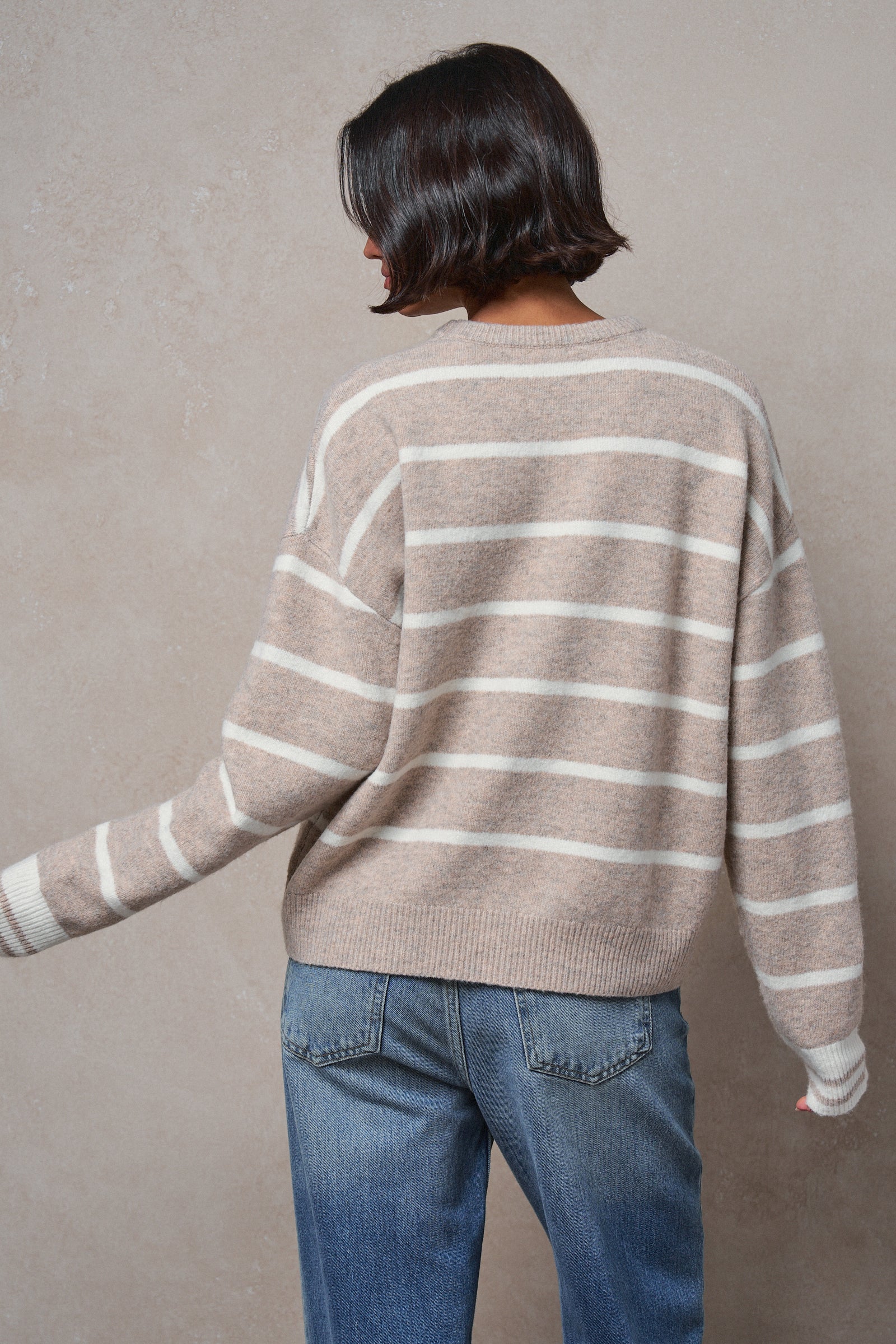 Fuzzy Stripe Crewneck Pullover Sweater in IVORY BEIGE - Women's Sweaters | Urban Daizy