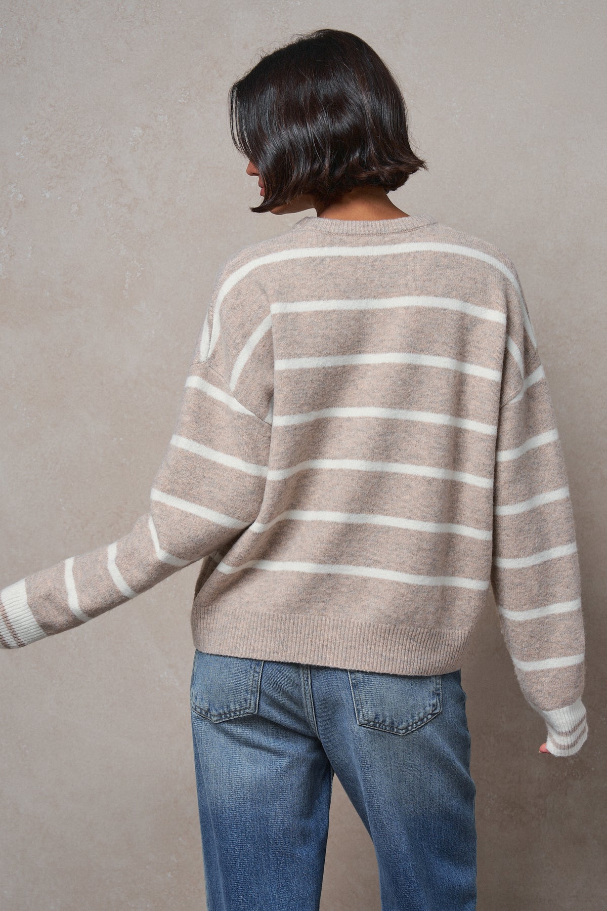 Fuzzy Stripe Crewneck Pullover Sweater in IVORY BEIGE - Women's Sweaters | Urban Daizy