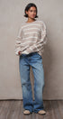 Fuzzy Stripe Crewneck Pullover Sweater in IVORY BEIGE - Women's Sweaters | Urban Daizy