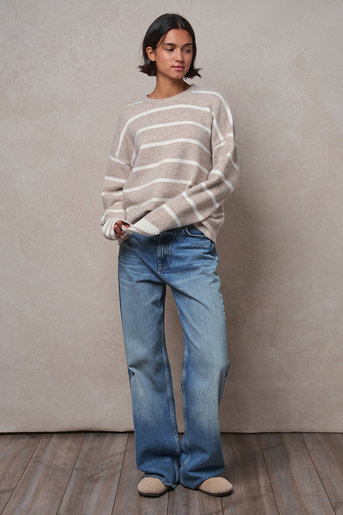 Fuzzy Stripe Crewneck Pullover Sweater in IVORY BEIGE - Women's Sweaters | Urban Daizy