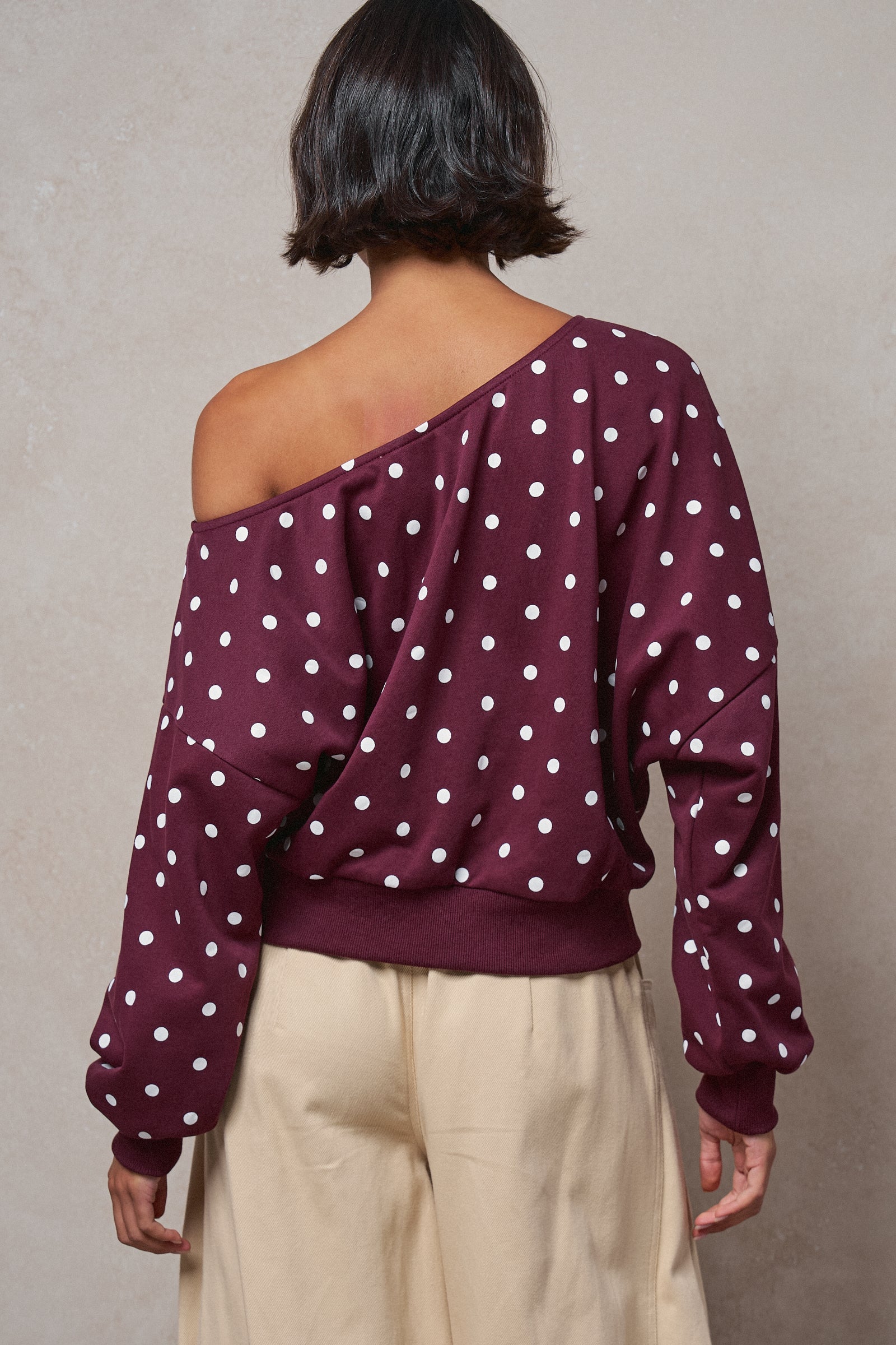 Dotted Off-Shoulder Sweater in BURGUNDY - Women's Sweaters | Urban Daizy
