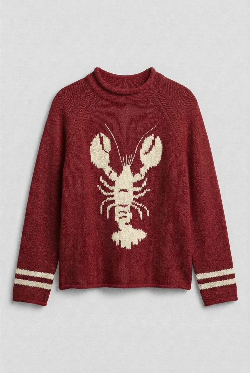 Lobster Intarsia Mock Neck Knit Sweater in BURGUNDY - Women's Sweaters | Urban Daizy