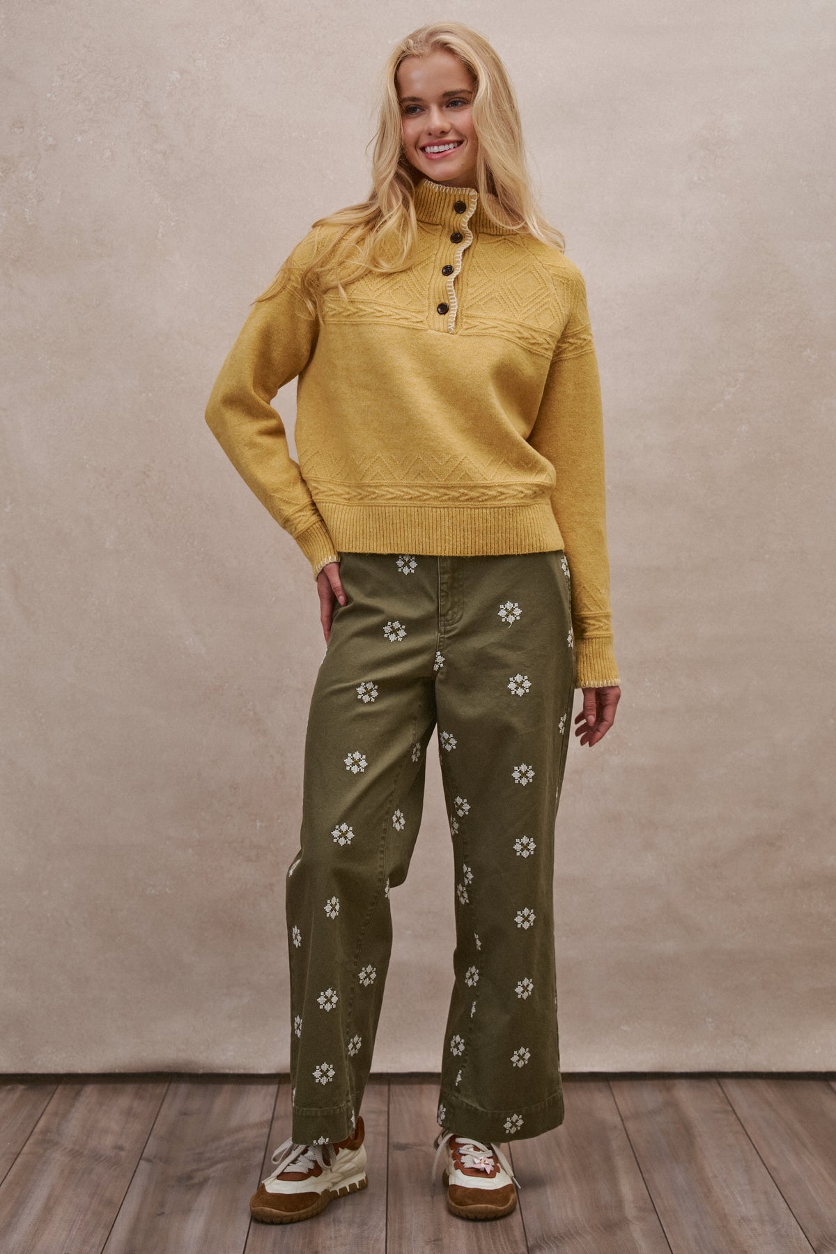Textured Half-Button Mock Sweater in MUSTARD - Women's Sweaters | Urban Daizy
