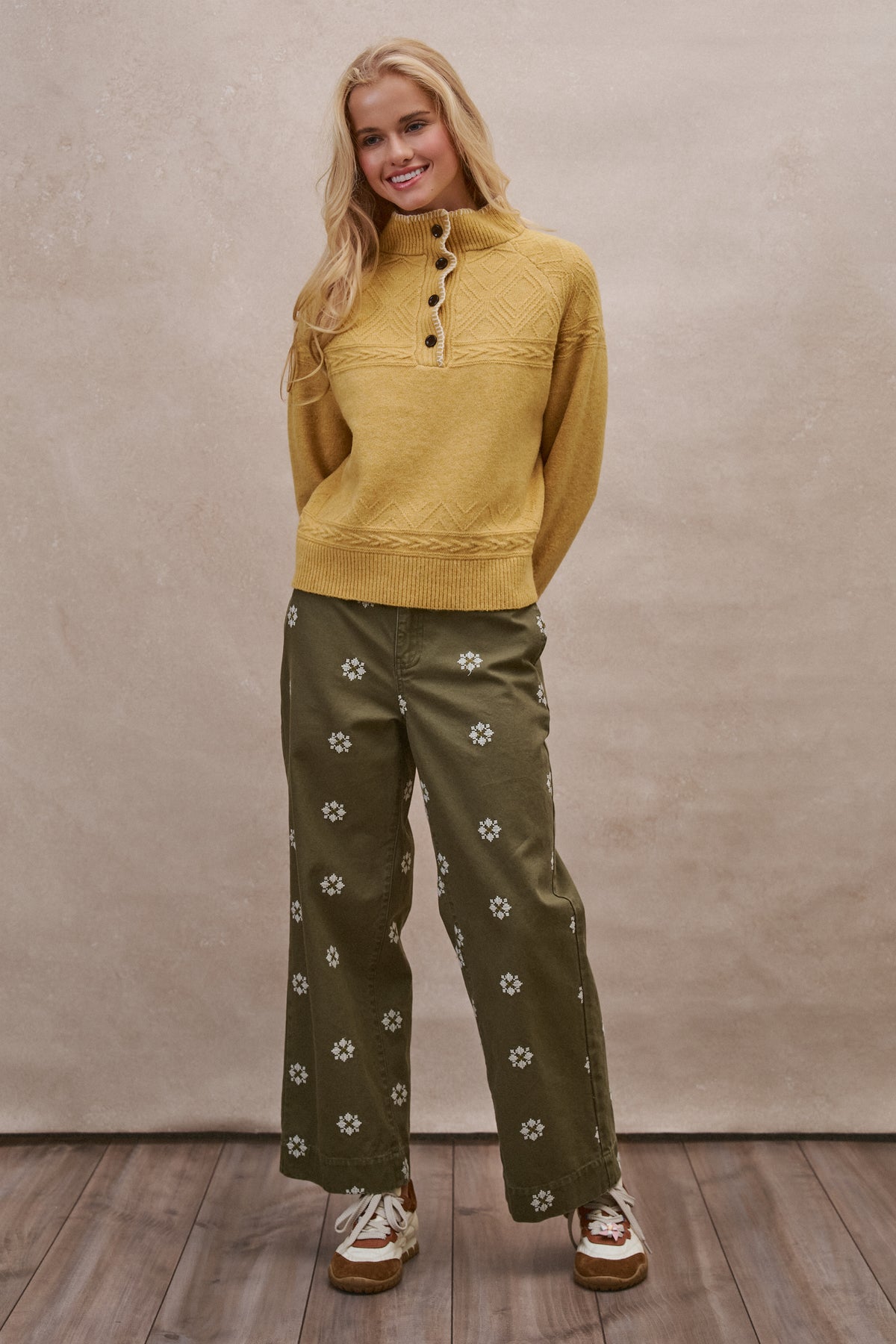Textured Half-Button Mock Sweater in MUSTARD - Women's Sweaters | Urban Daizy