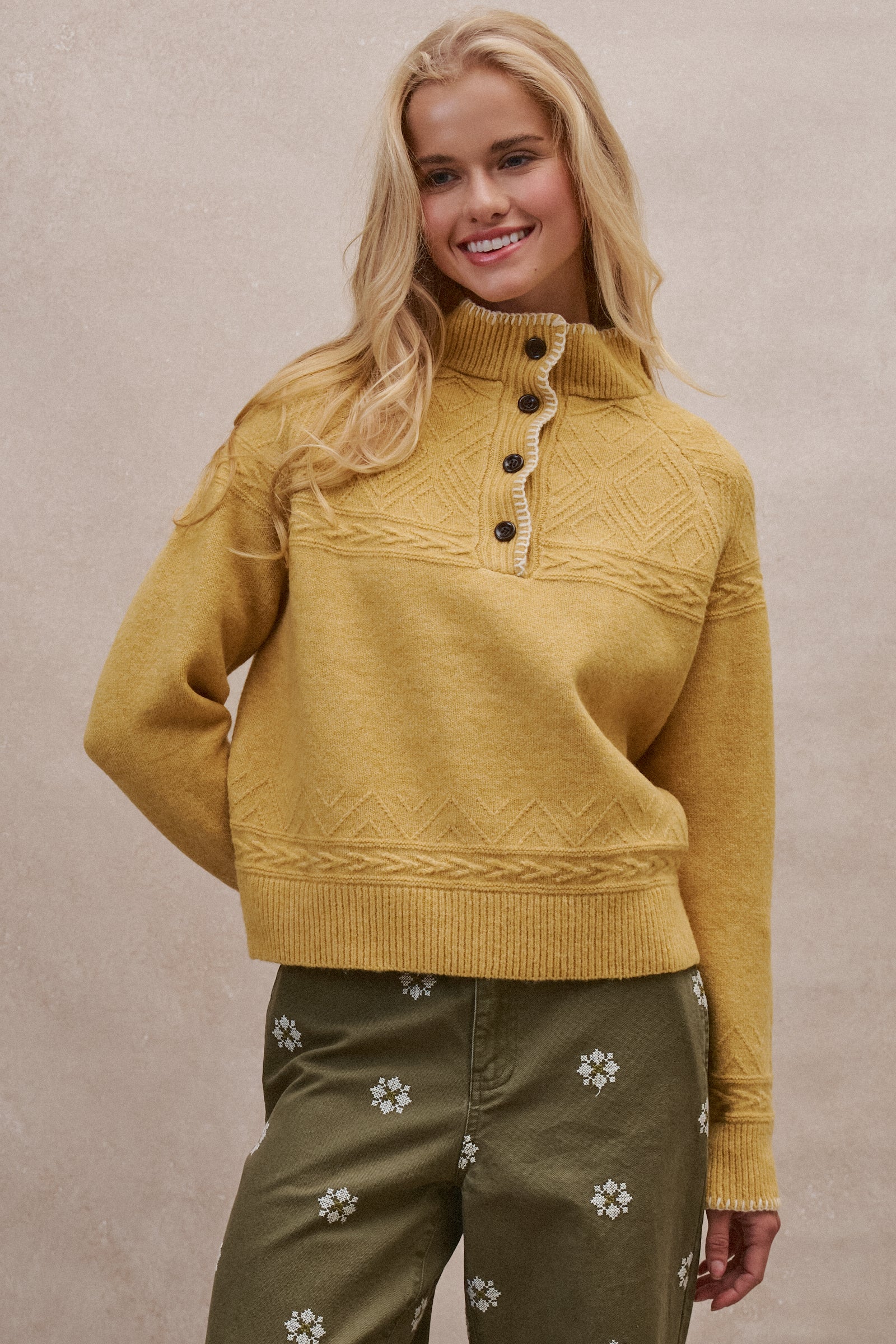 Textured Half-Button Mock Sweater in MUSTARD - Women's Sweaters | Urban Daizy