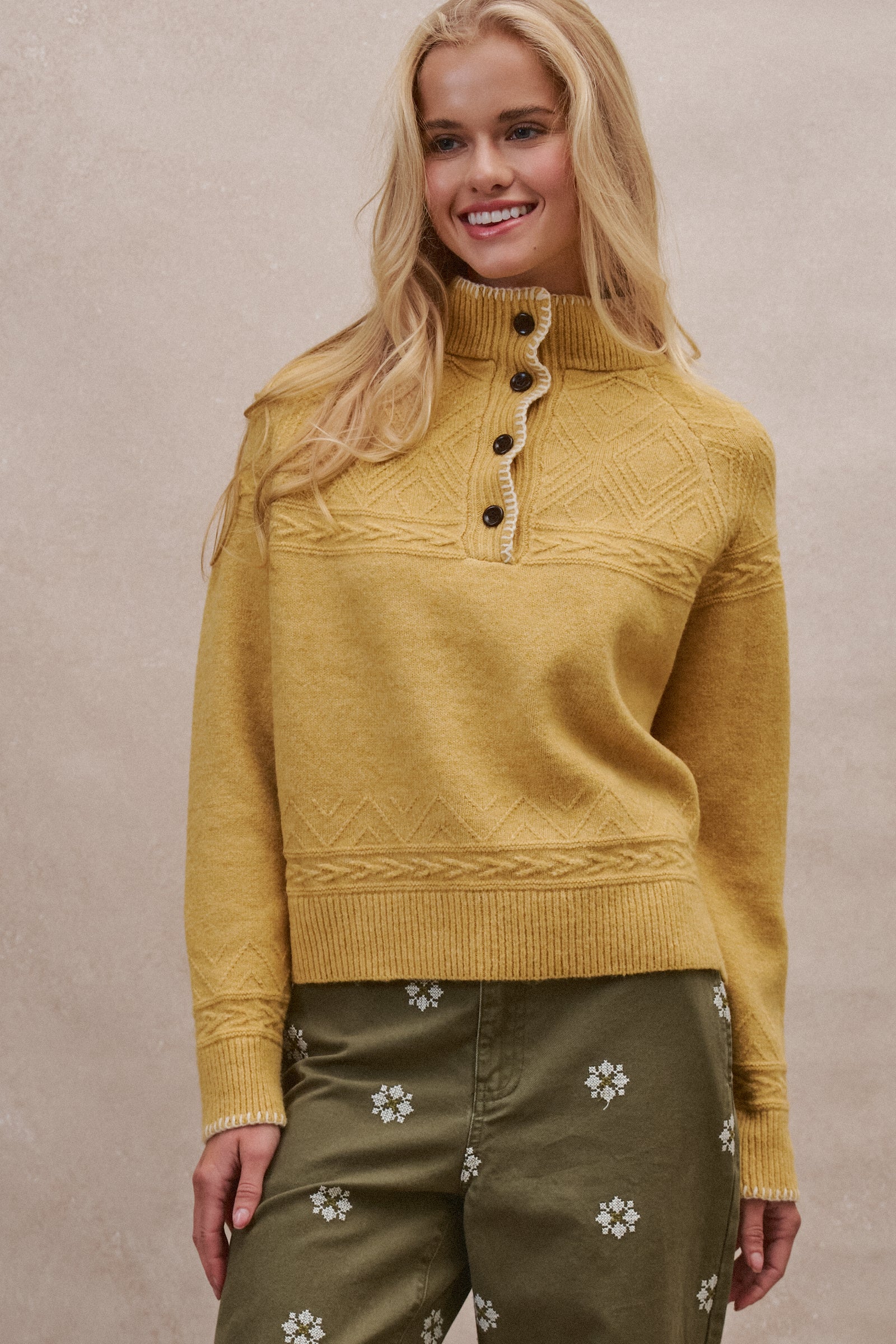 Textured Half-Button Mock Sweater in MUSTARD - Women's Sweaters | Urban Daizy