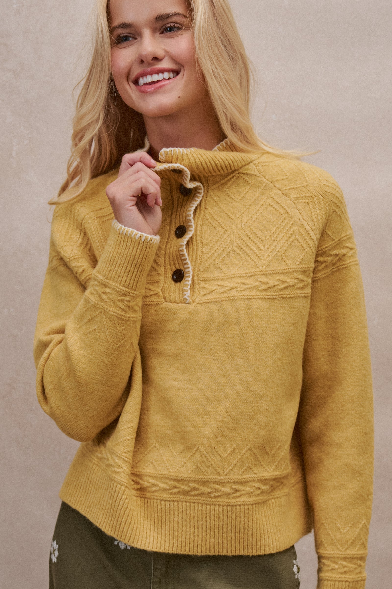 Textured Half-Button Mock Sweater in MUSTARD - Women's Sweaters | Urban Daizy