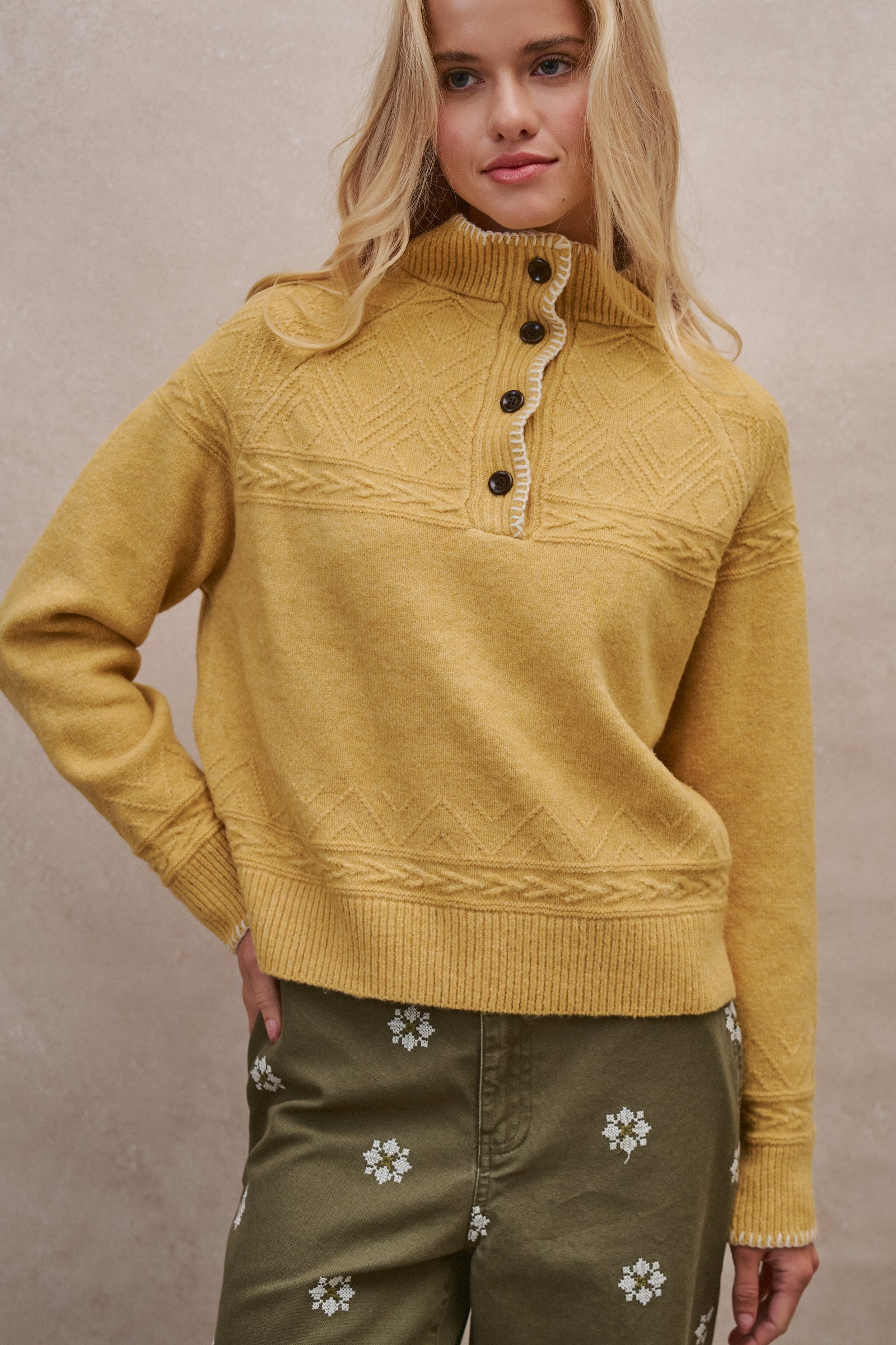 Textured Half-Button Mock Sweater in MUSTARD - Women's Sweaters | Urban Daizy