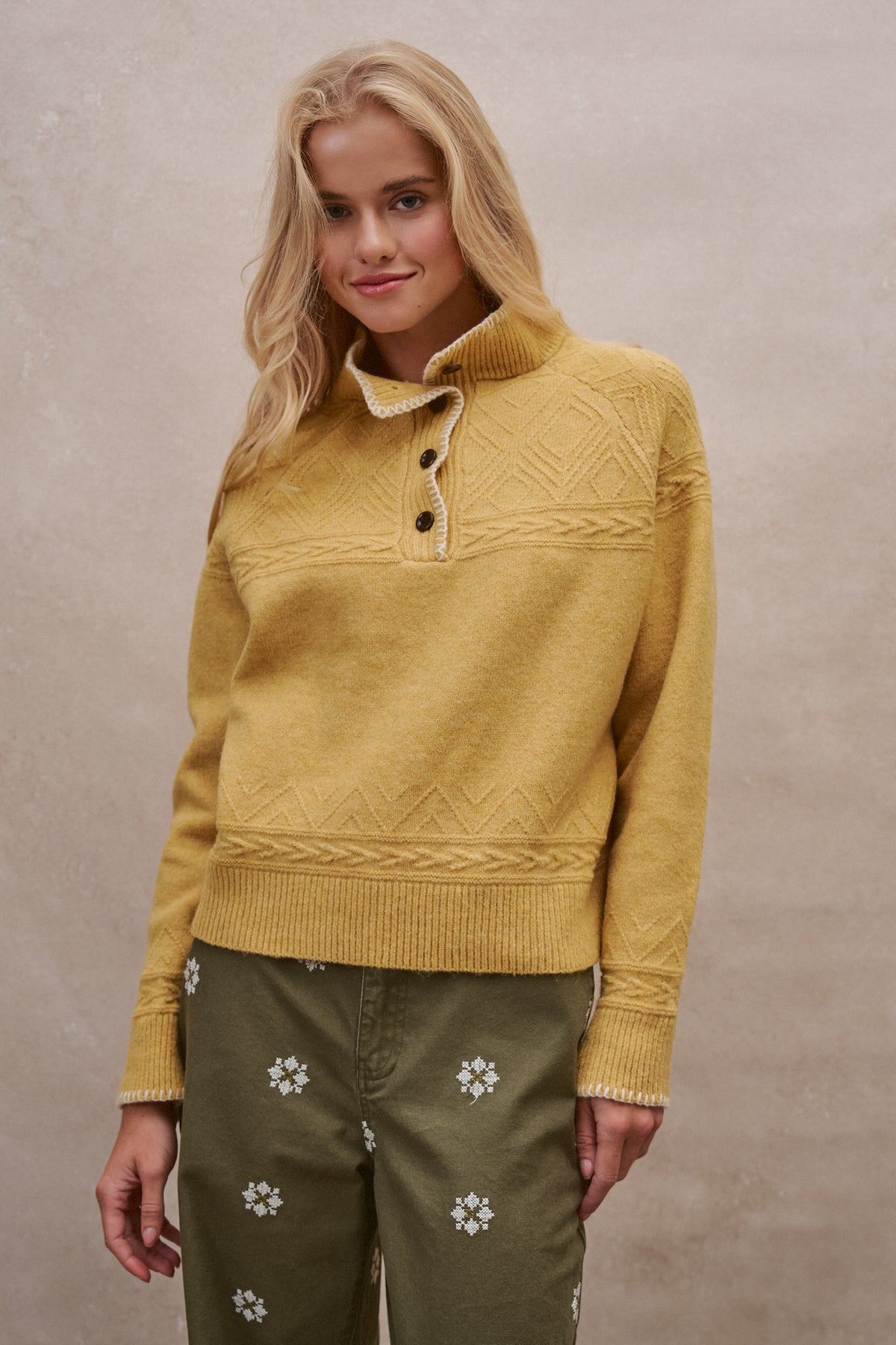 Textured Half-Button Mock Sweater in MUSTARD - Women's Sweaters | Urban Daizy