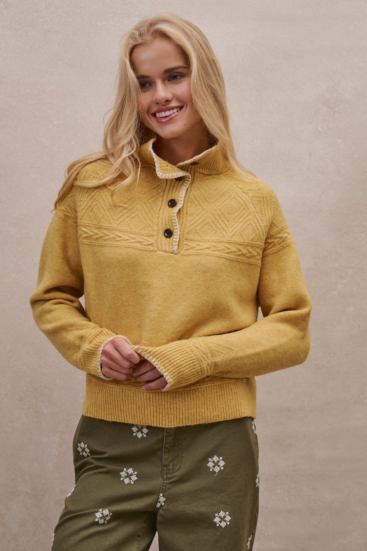 Textured Half-Button Mock Sweater in MUSTARD - Women's Sweaters | Urban Daizy