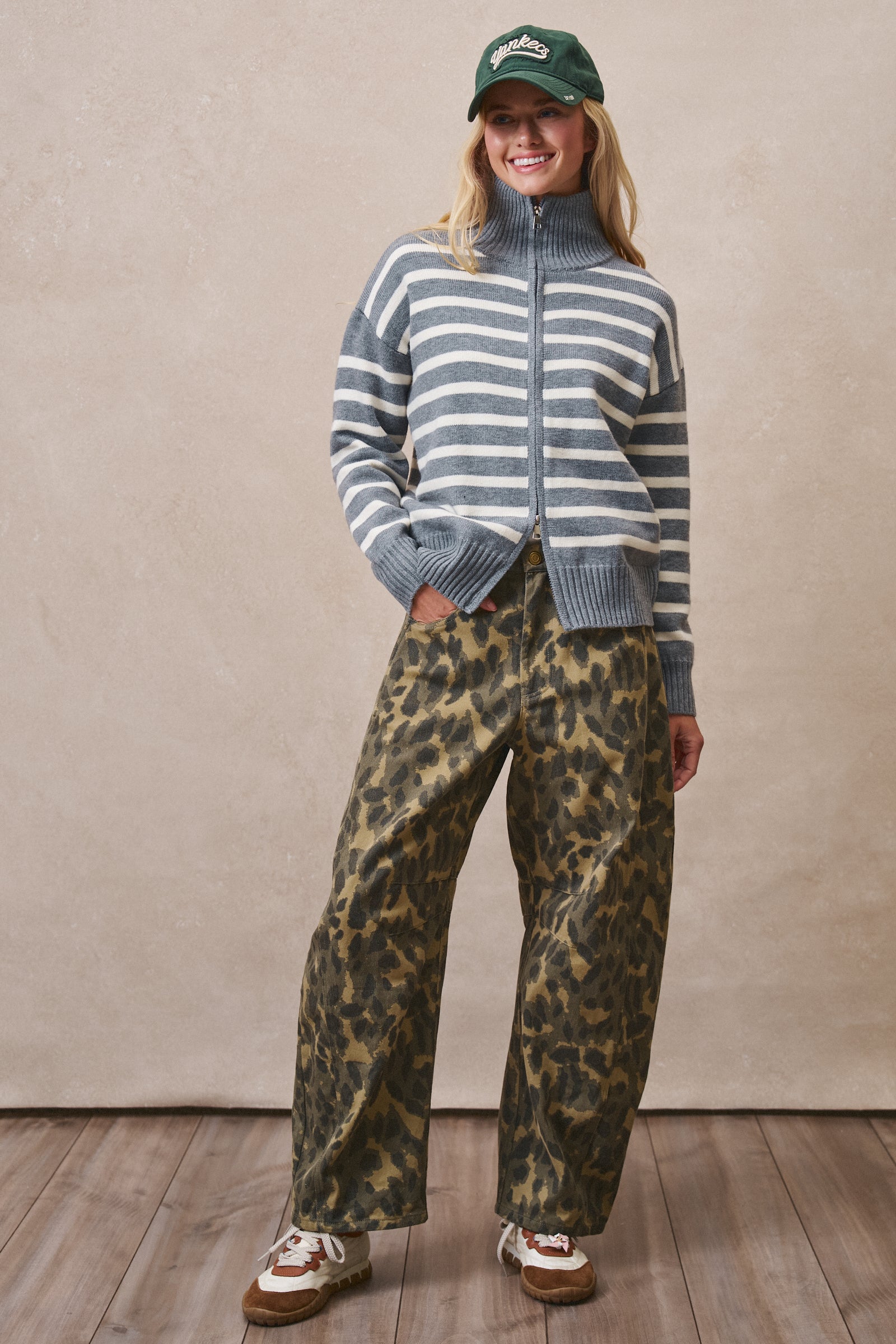Striped Zip-Up Mock Neck Sweater in GREY IVORY - Women's Sweaters | Urban Daizy