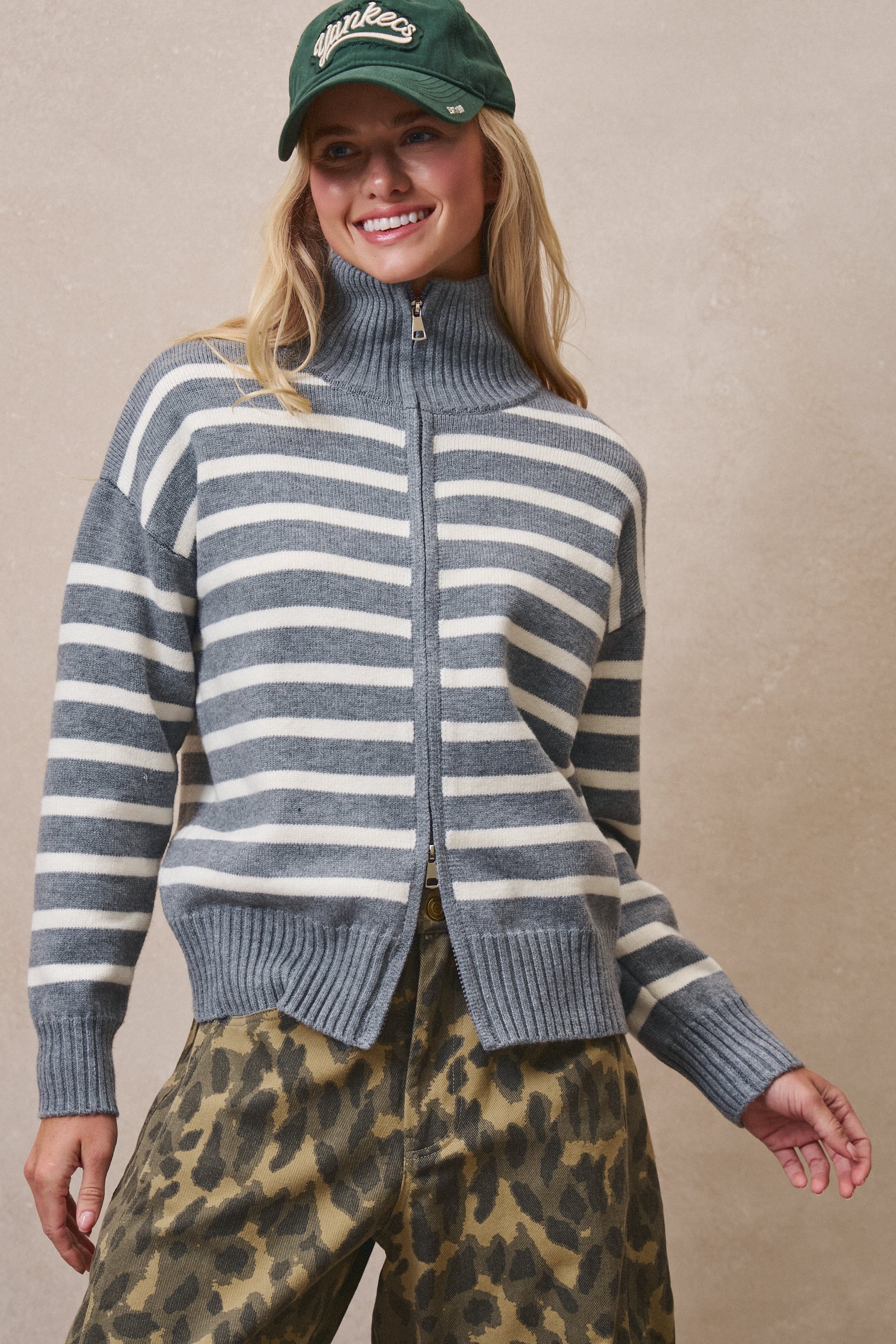 Striped Zip-Up Mock Neck Sweater in GREY IVORY - Women's Sweaters | Urban Daizy