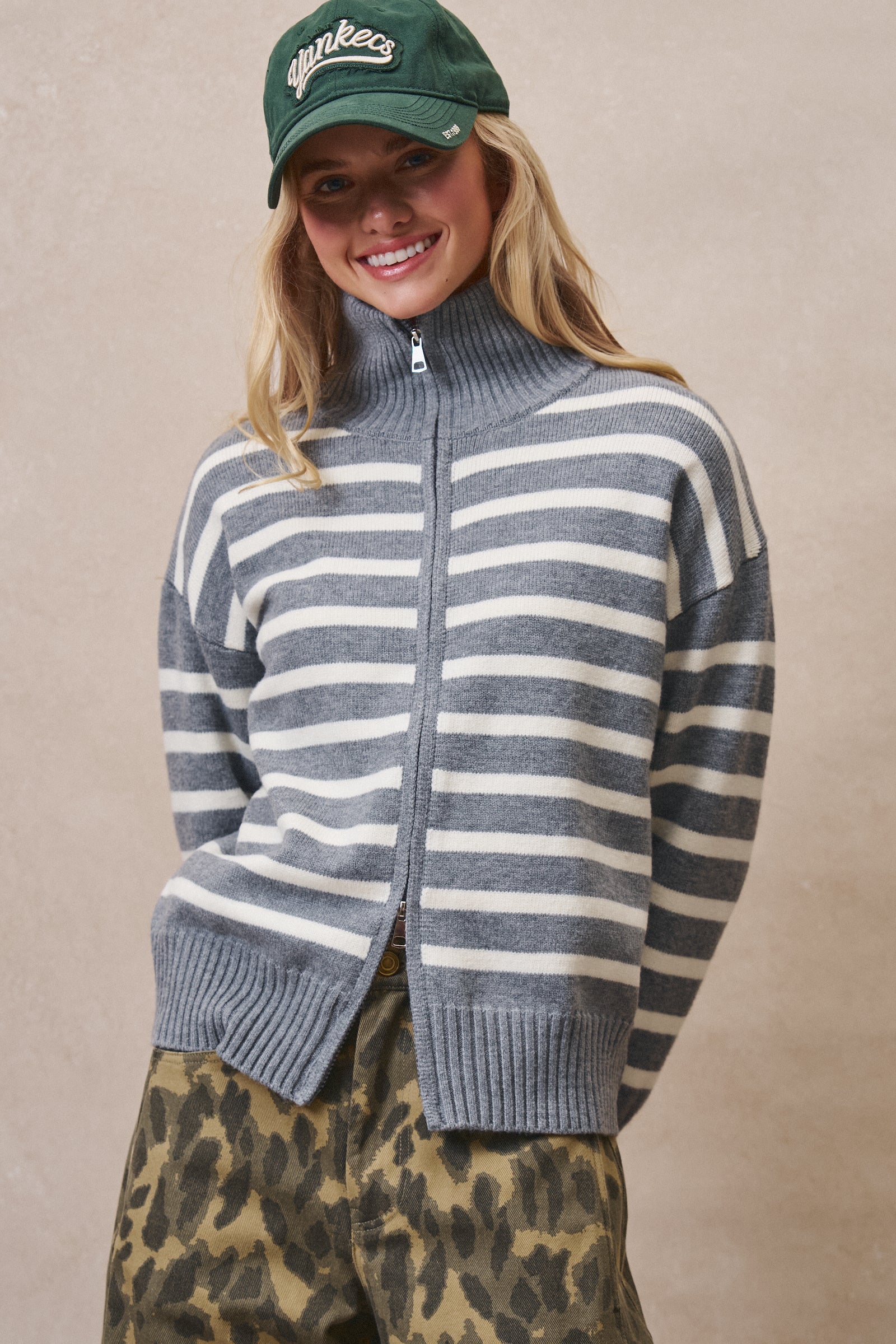 Striped Zip-Up Mock Neck Sweater in GREY IVORY - Women's Sweaters | Urban Daizy