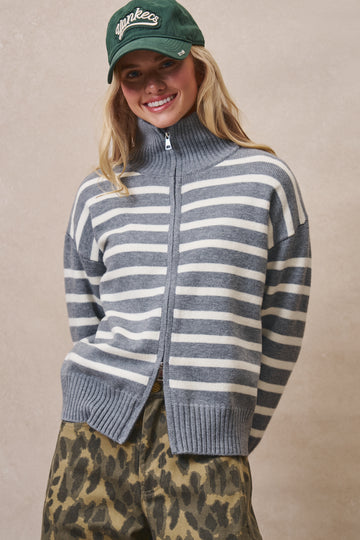 Coastal Stripe Zip Front Mock Neck Cardigan